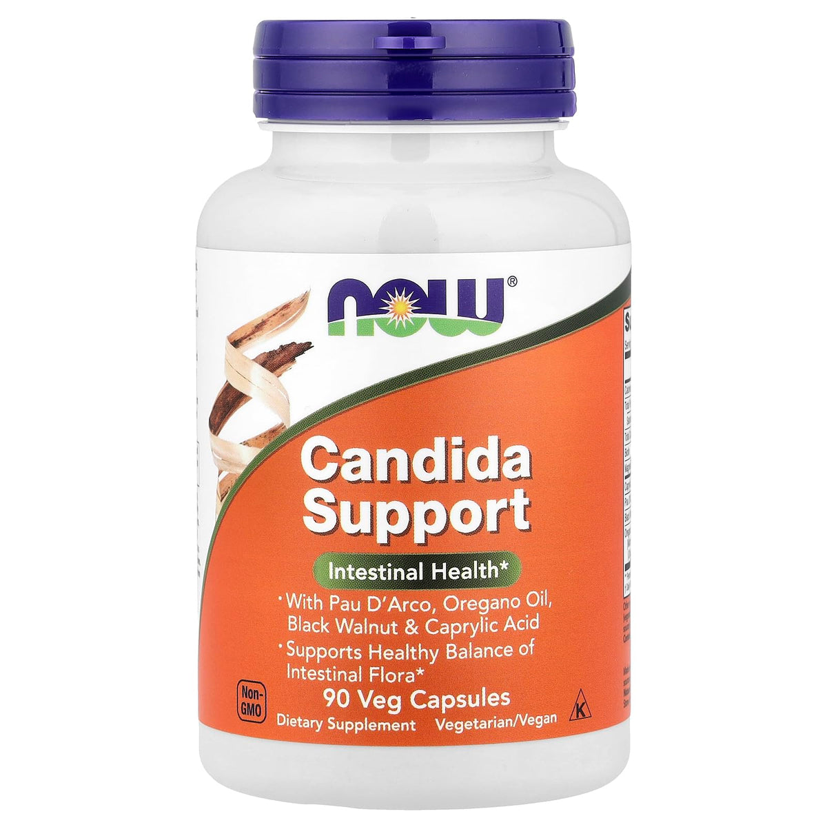 NOW Candida Support emballage affichant les ingrédients naturels pour soutenir l'équilibre intestinal.