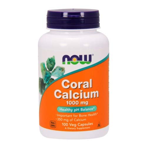 Conditionnement Now Coral Calcium 1000 mg, emballage informatif et source naturelle.