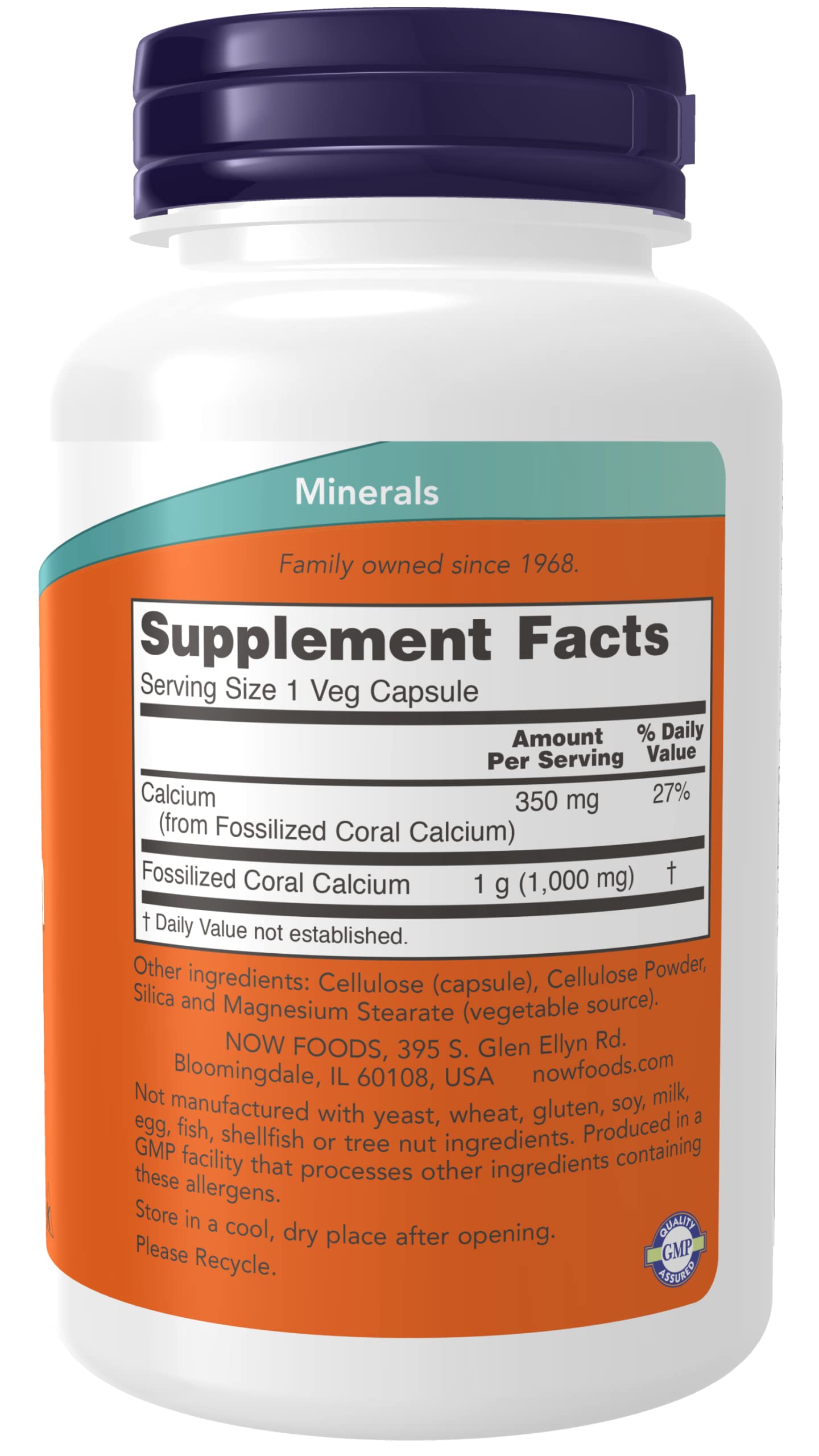 Now Foods Coral Calcium 1000 mg, étiquette bouteille, posologie claire pour une routine minérale.
