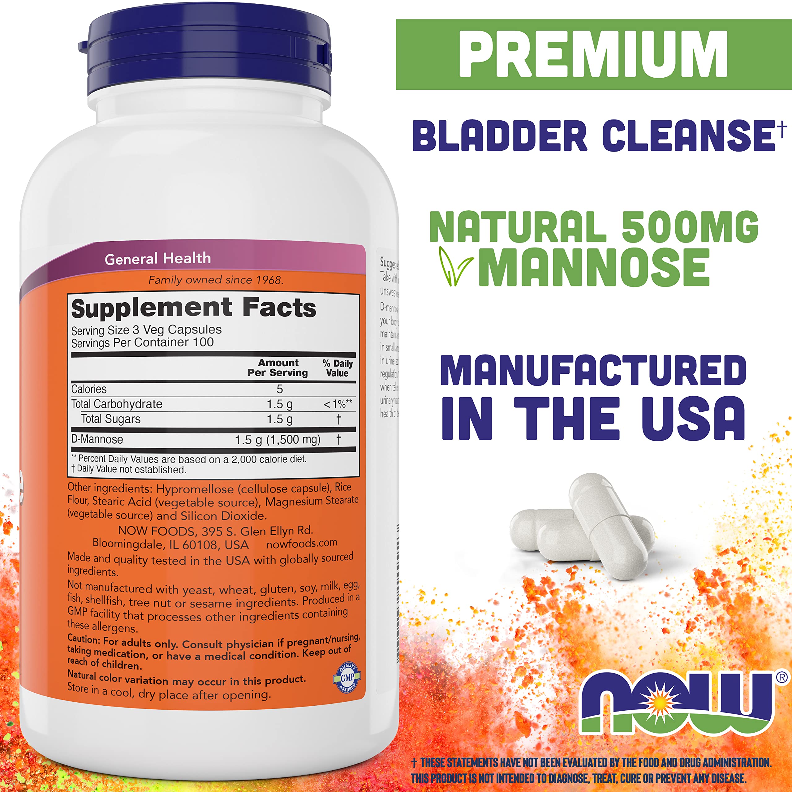 NOW D-Mannose vegan, gélules kosher faciles à prendre en déplacement.