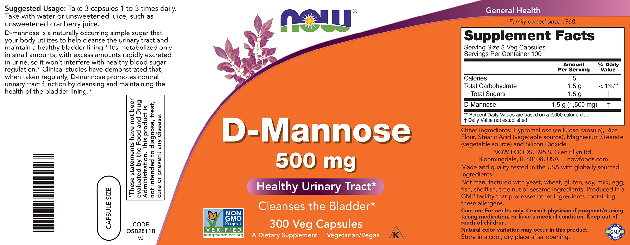 NOW D-Mannose sans OGM, gélules pratiques pour une routine quotidienne.