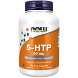 NOW Foods 5-HTP, bouteille de capsules véganes, soutien potentiel au bien-être émotionnel.