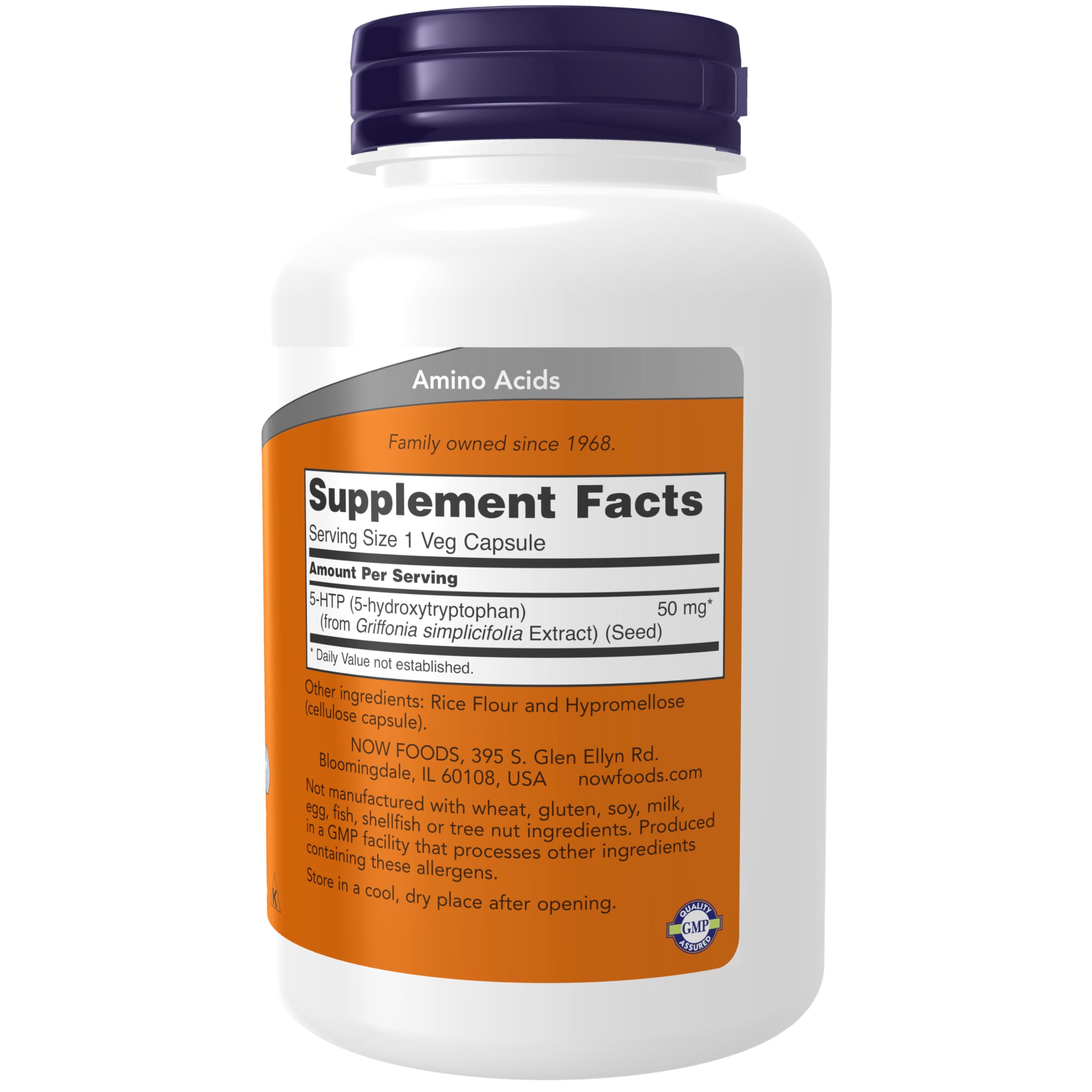 NOW Foods 5-HTP, etiquette recto nutrition, informations claires sur les ingrédients.