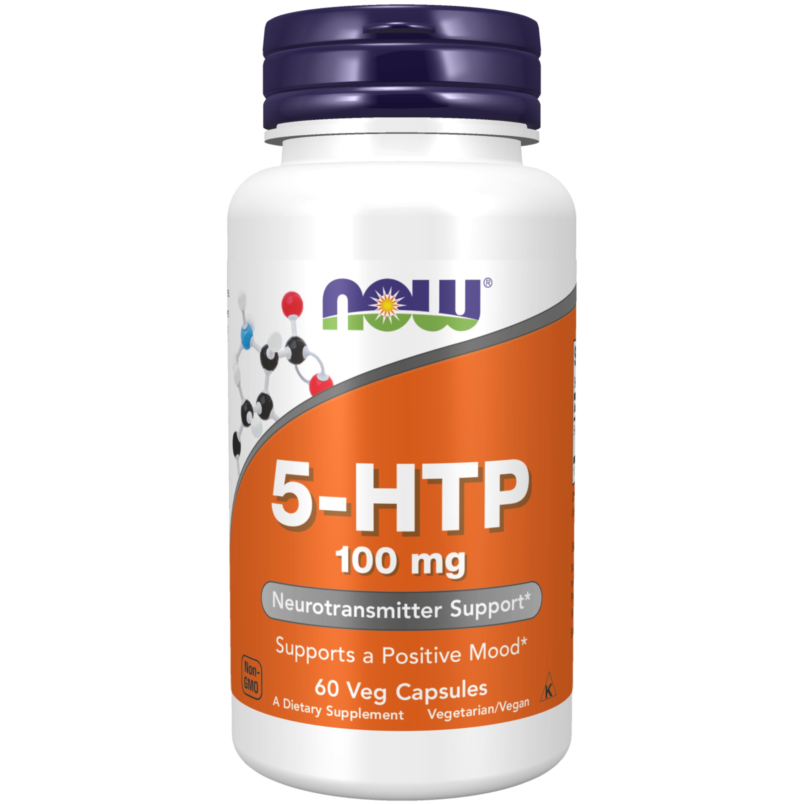 NOW Foods 5-HTP, bouteille de capsules véganes, soutien potentiel de l’humeur quotidienne.