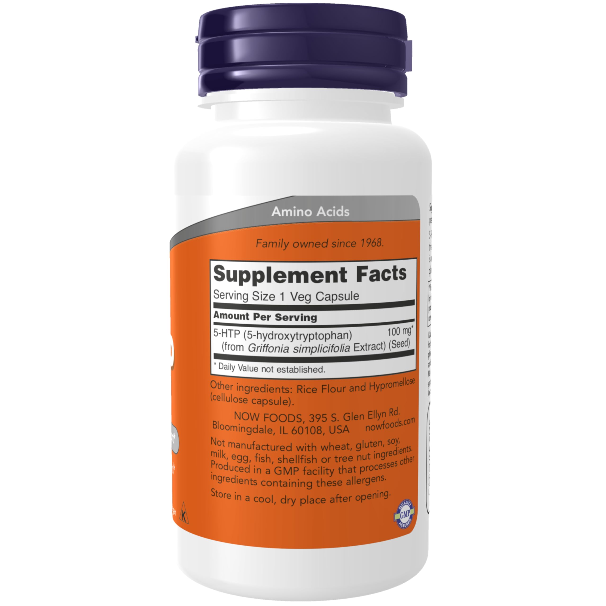 NOW Foods 5-HTP, étiquette produit indiquant Griffonia simplicifolia et origine naturelle.