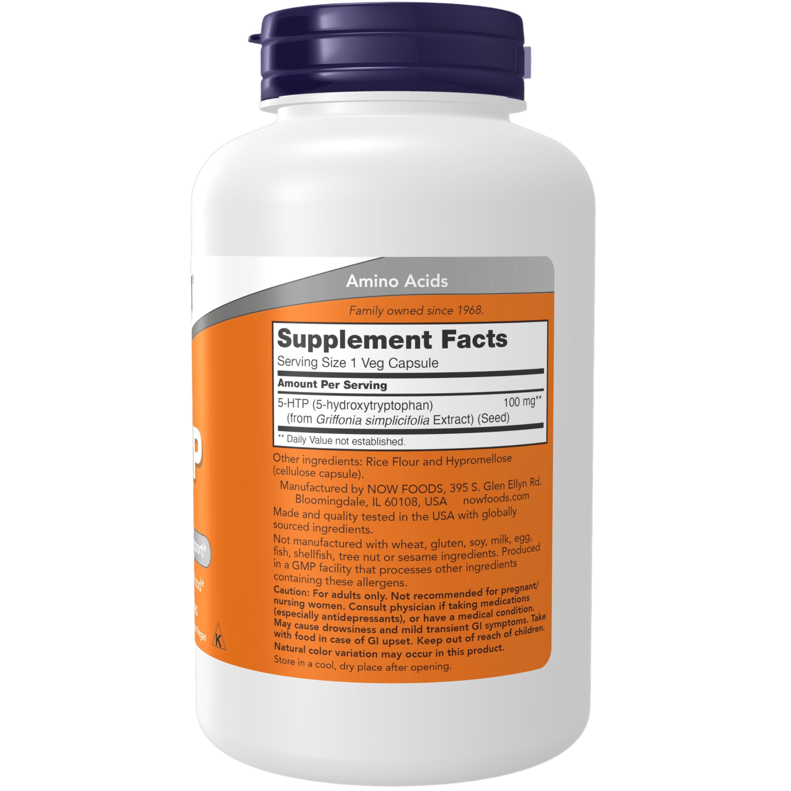 NOW Foods 5-HTP: etiquette-produit visible, identification facile