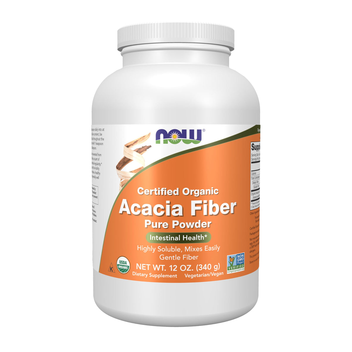 NOW Foods Acacia Pure Powder – bouteille 12 onces, solubilité élevée pour mélanges rapides.
