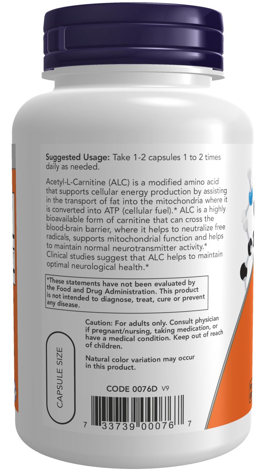 NOW Foods Acétyl L-Carnitine 500 mg – bouteille et étiquette, rappel du transport des acides gras