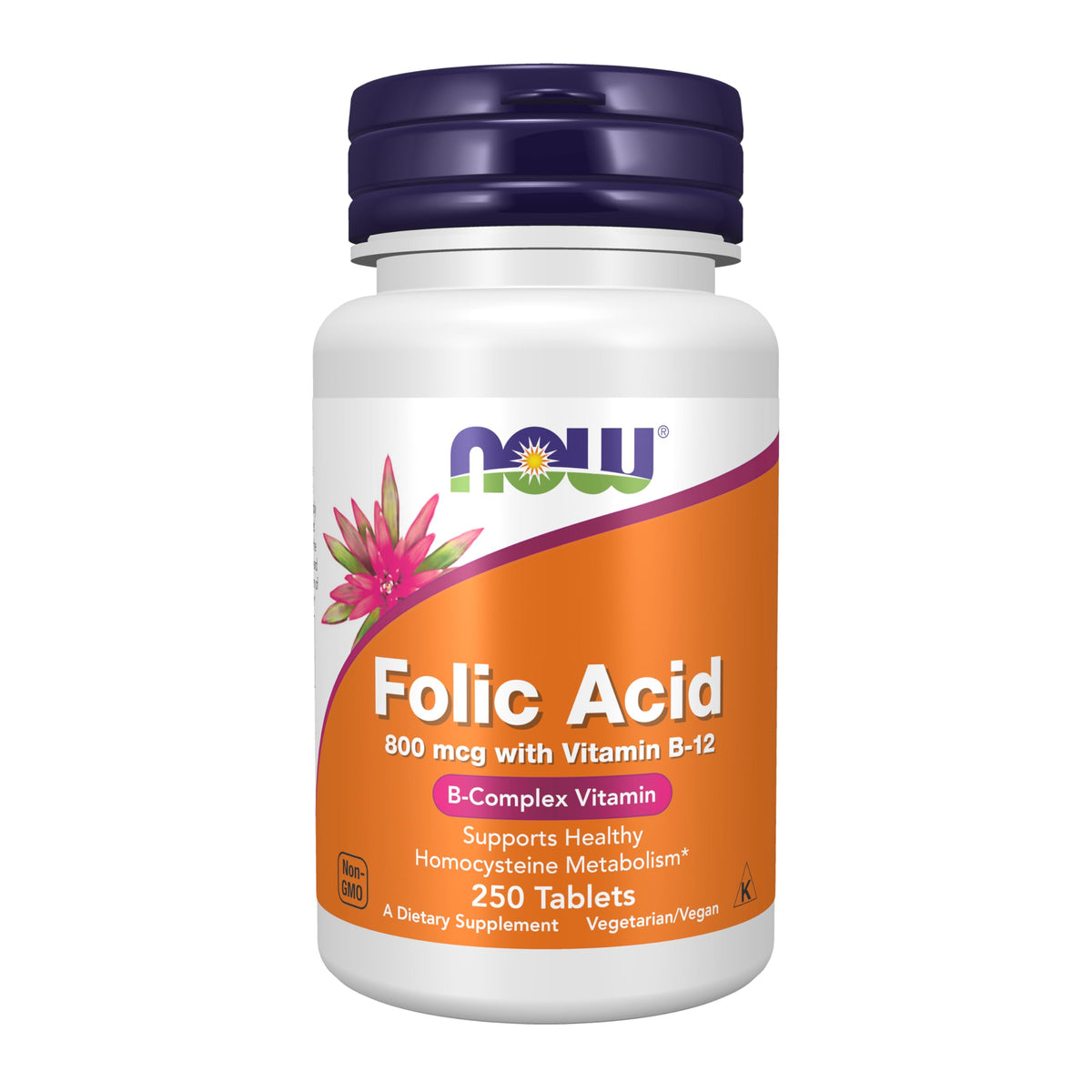 NOW Foods acide folique — bouteille de comprimés, soutien potentiel au métabolisme des homocystéines.