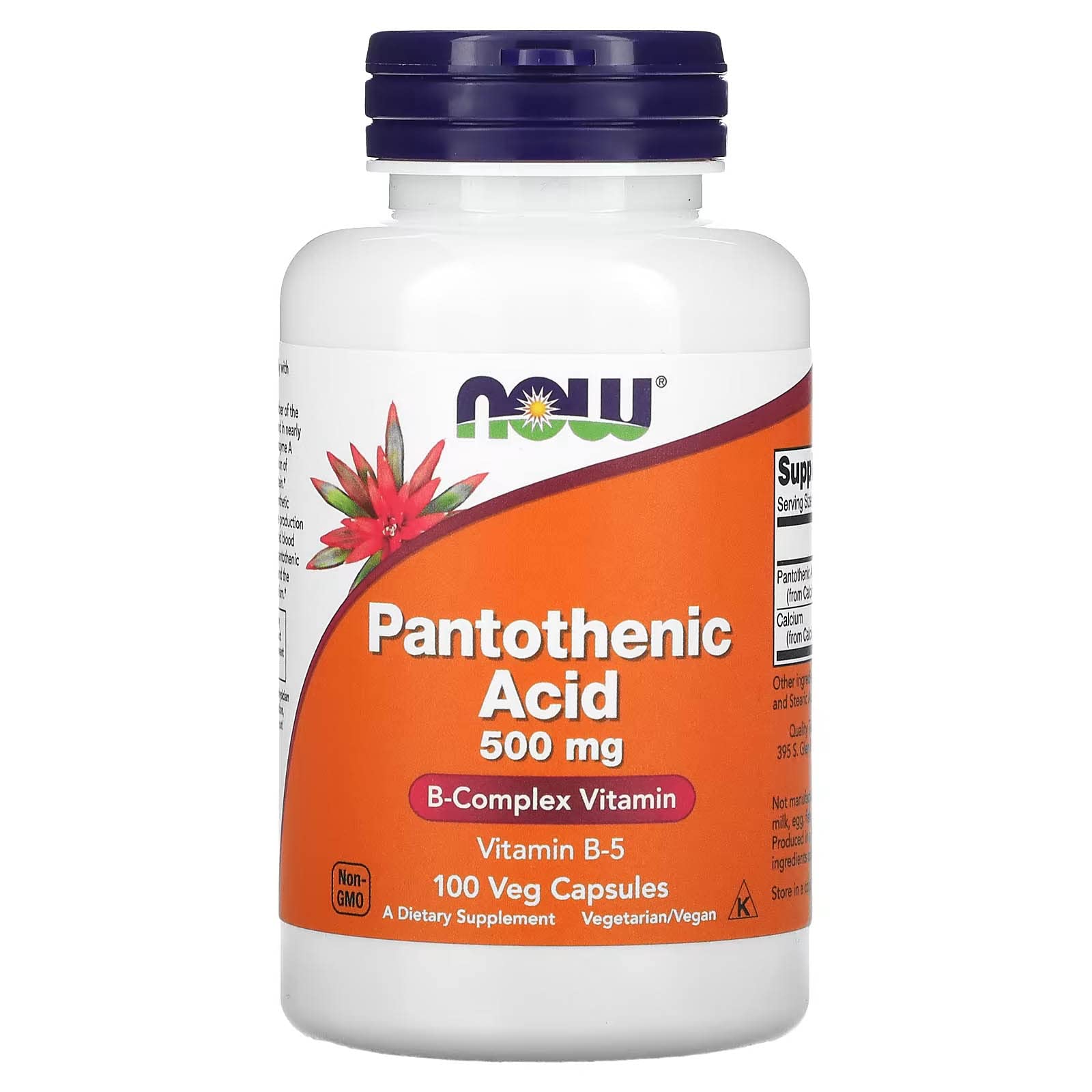 NOW Foods acide pantothénique 500 mg, capsule près du bouchon, soutien potentiel du métabolisme