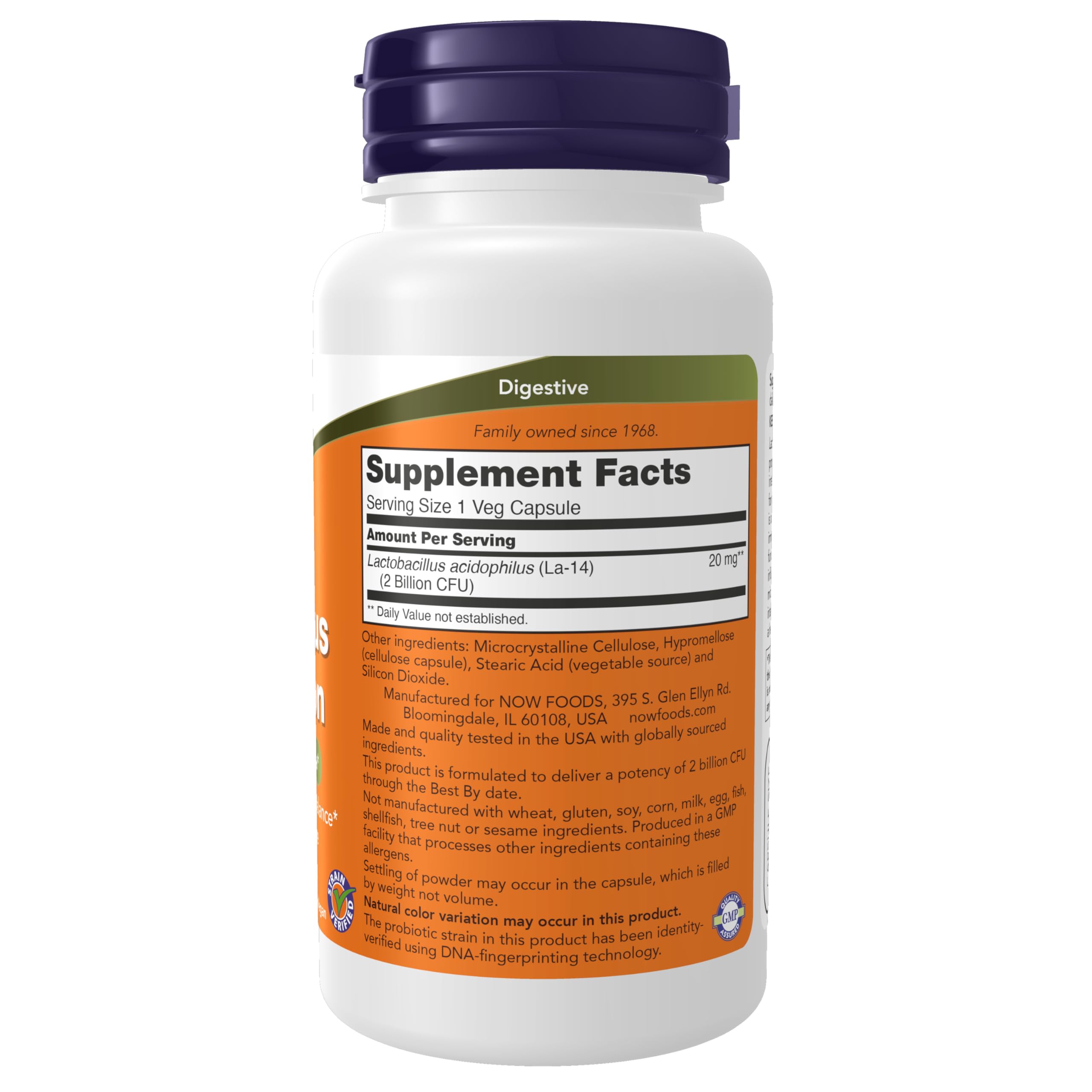 Étiquette NOW Foods Acidophilus affichant la souche et la teneur en UFC.