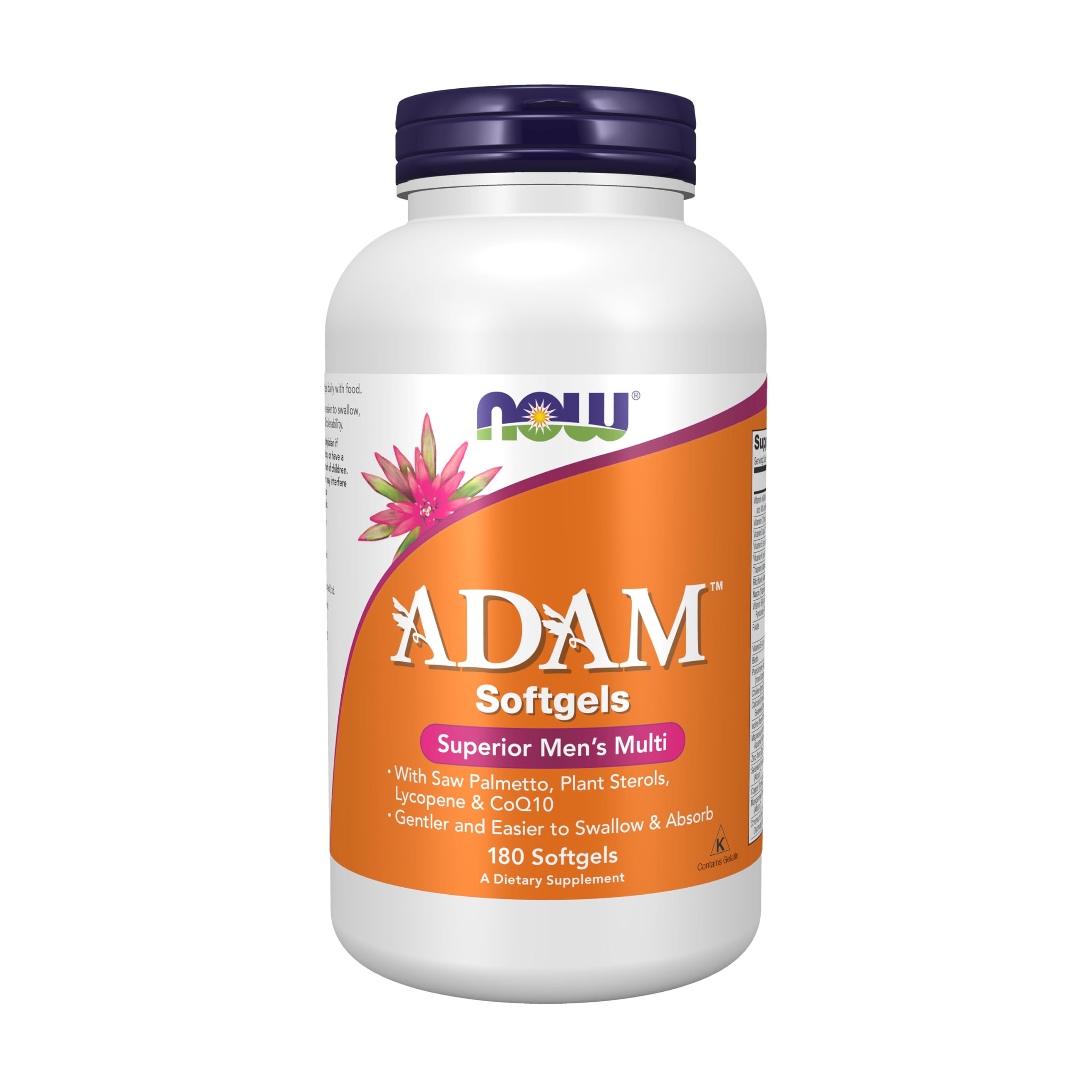 NOW Foods Adam : bouteille de gélules molles faciles à avaler et pratiques.