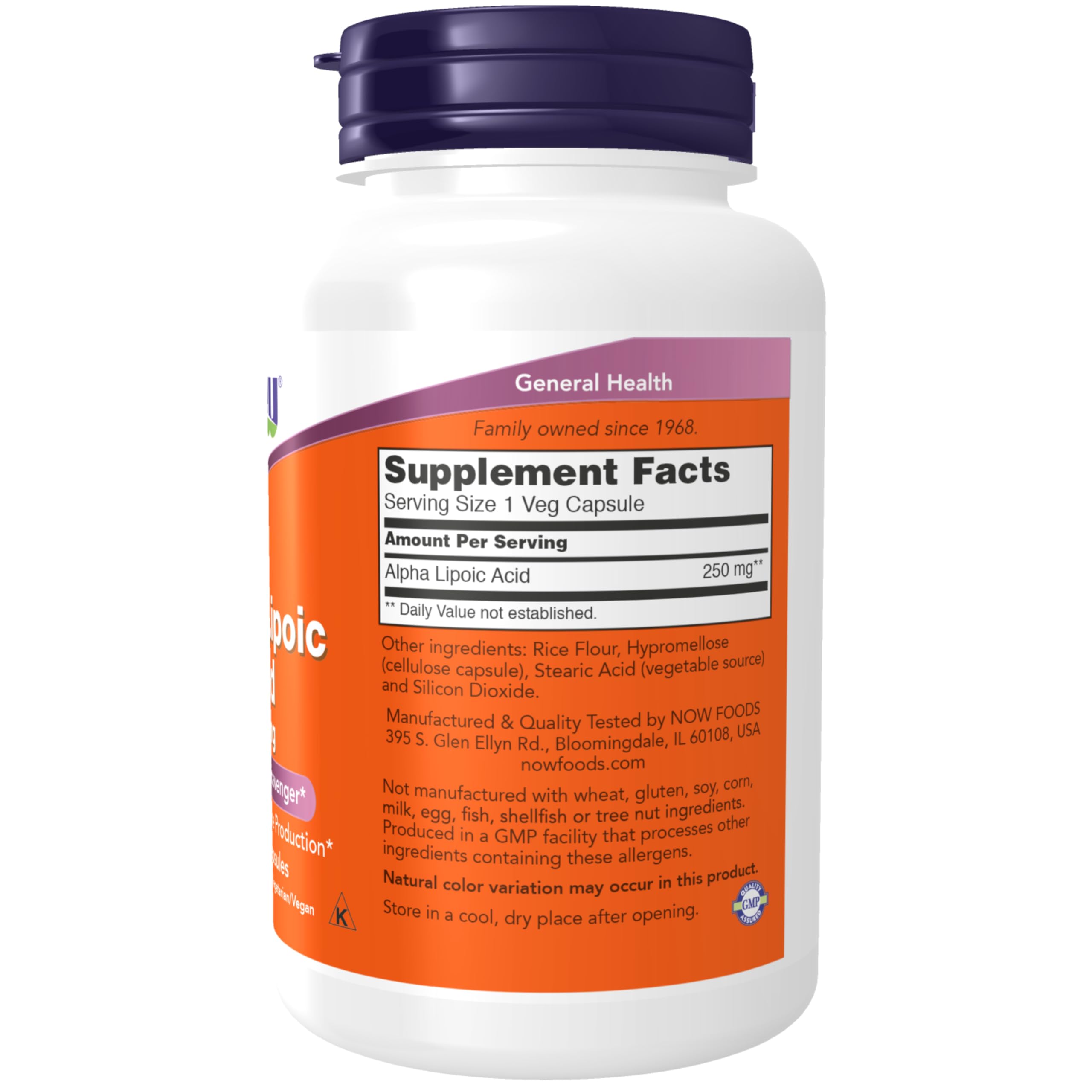 Bouteille opaque NOW Foods Alpha-Lipoïque 250 mg protégeant la stabilité du complément.