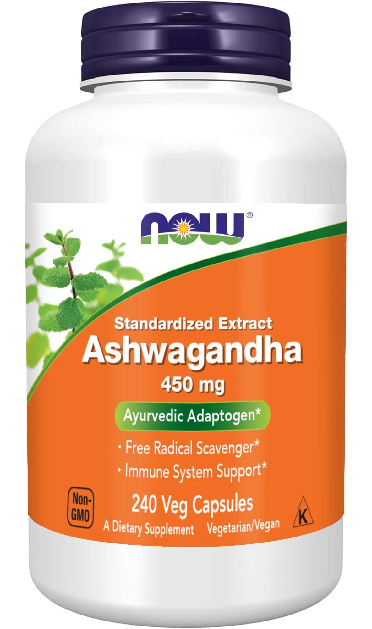 NOW Foods Ashwagandha Extrait 450 mg en bouteille, capsules faciles à avaler pour le bien-être quotidien.