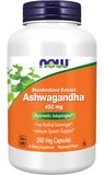 NOW Foods Ashwagandha Extrait 450 mg en bouteille, capsules faciles à avaler pour le bien-être quotidien.
