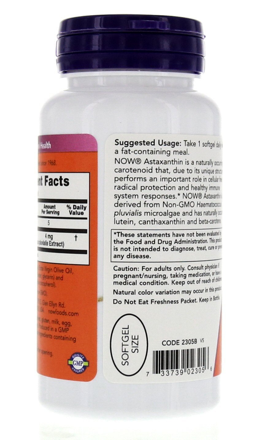 NOW Foods Astaxanthin 4 mg, dose journalière, pratique pour planifier vos prises.