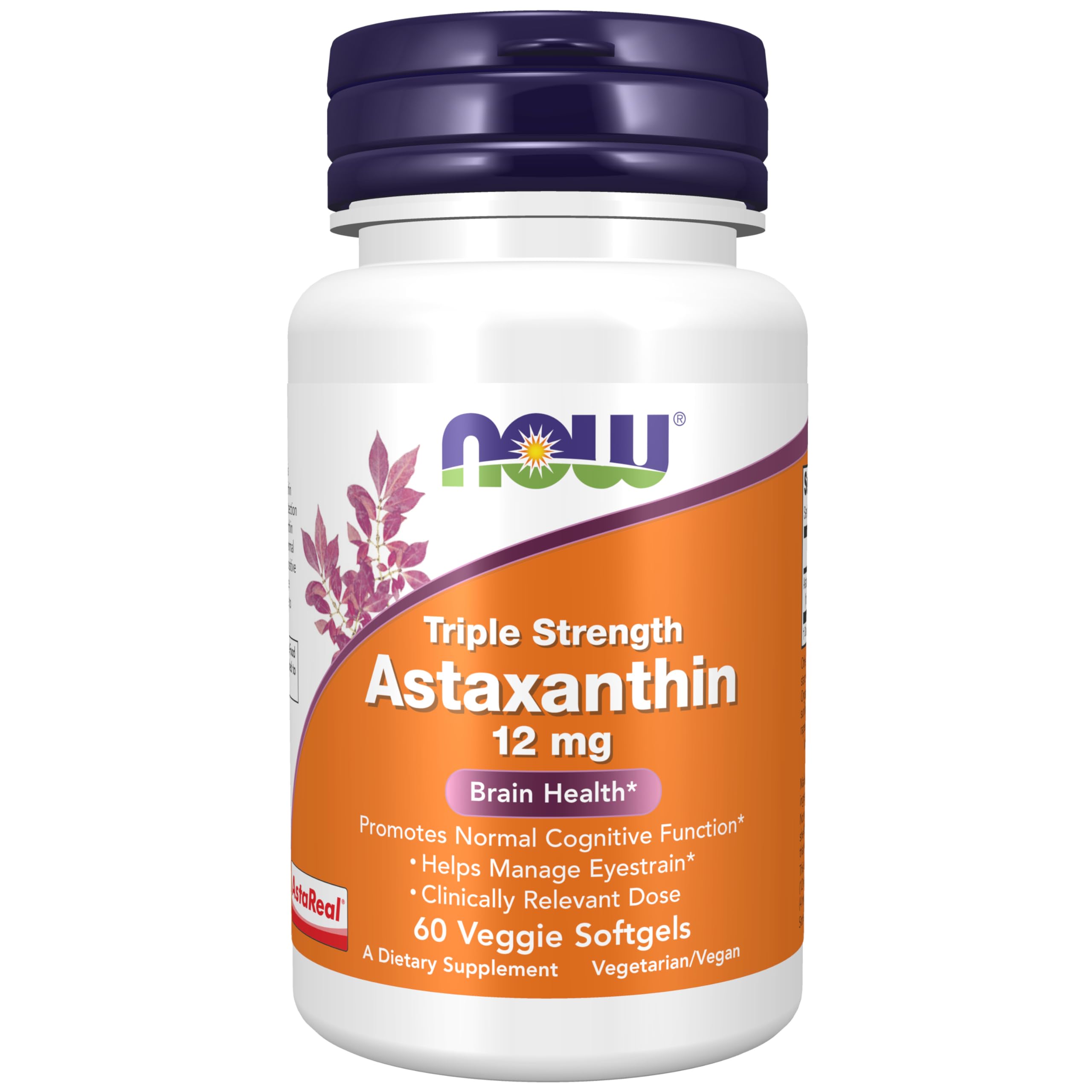 NOW Foods Astaxanthine 12 mg, bouteille, soutien potentiel à la clarté cérébrale et au bien-être.