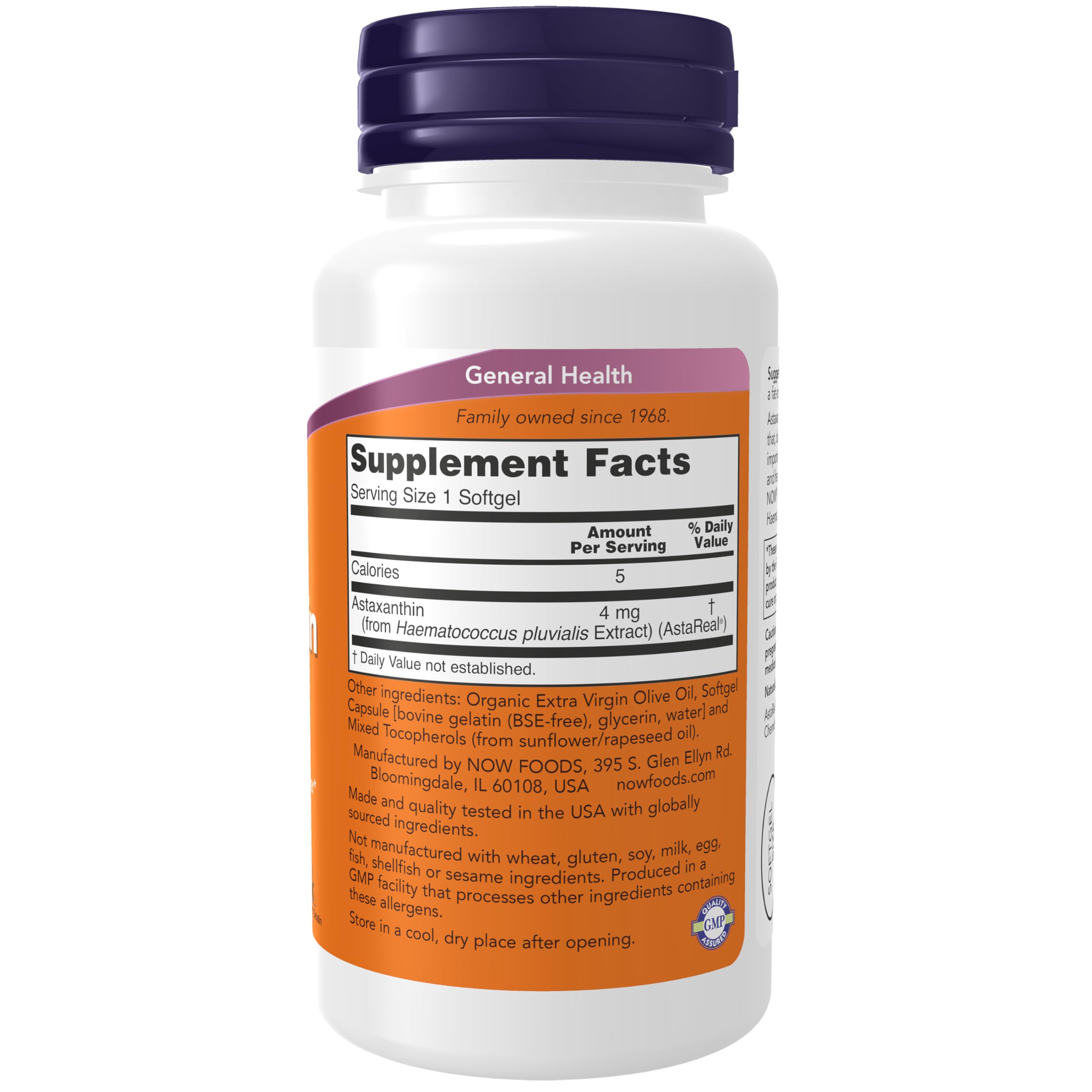 NOW Foods Astaxanthine 4 mg, gélules et étiquette sans OGM, choix naturel.