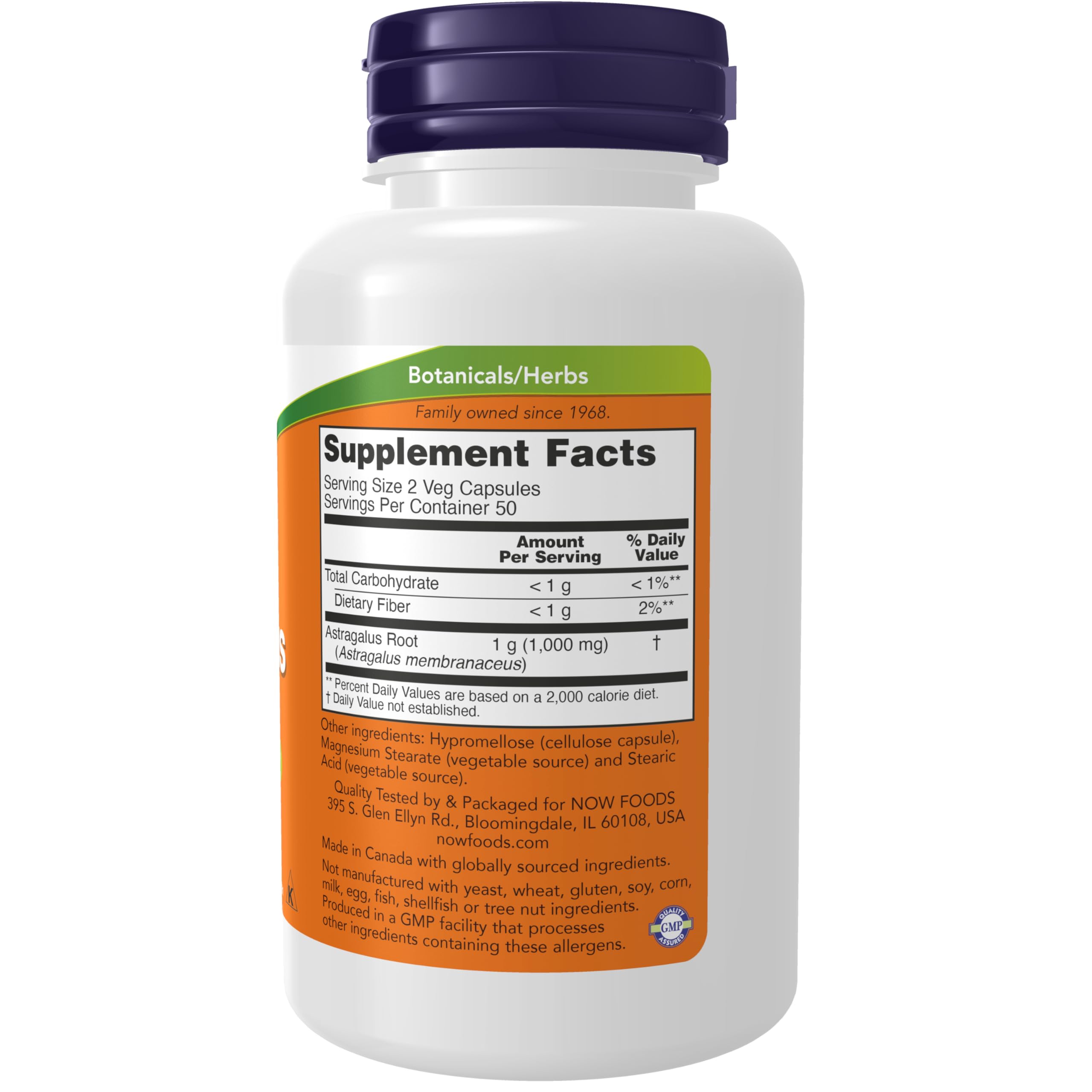 NOW Foods Astragalus capsules 500 mg – étiquette lisible