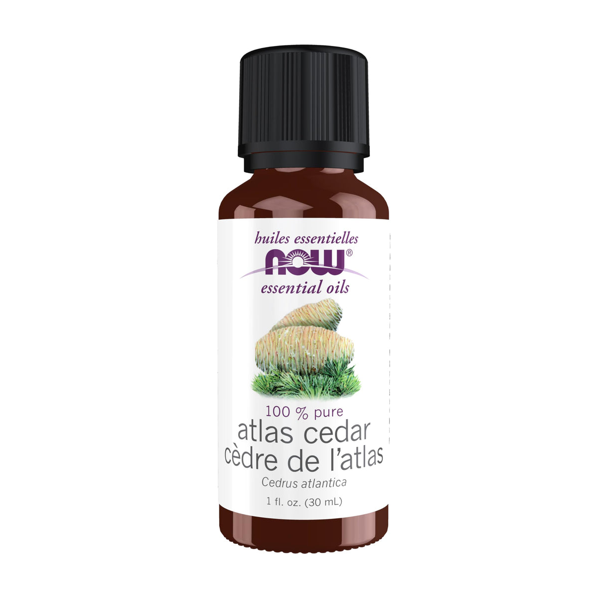 NOW Foods Atlas Cedar Oil – bouteille 1oz, parfum boisé apaisant pour diffusion.