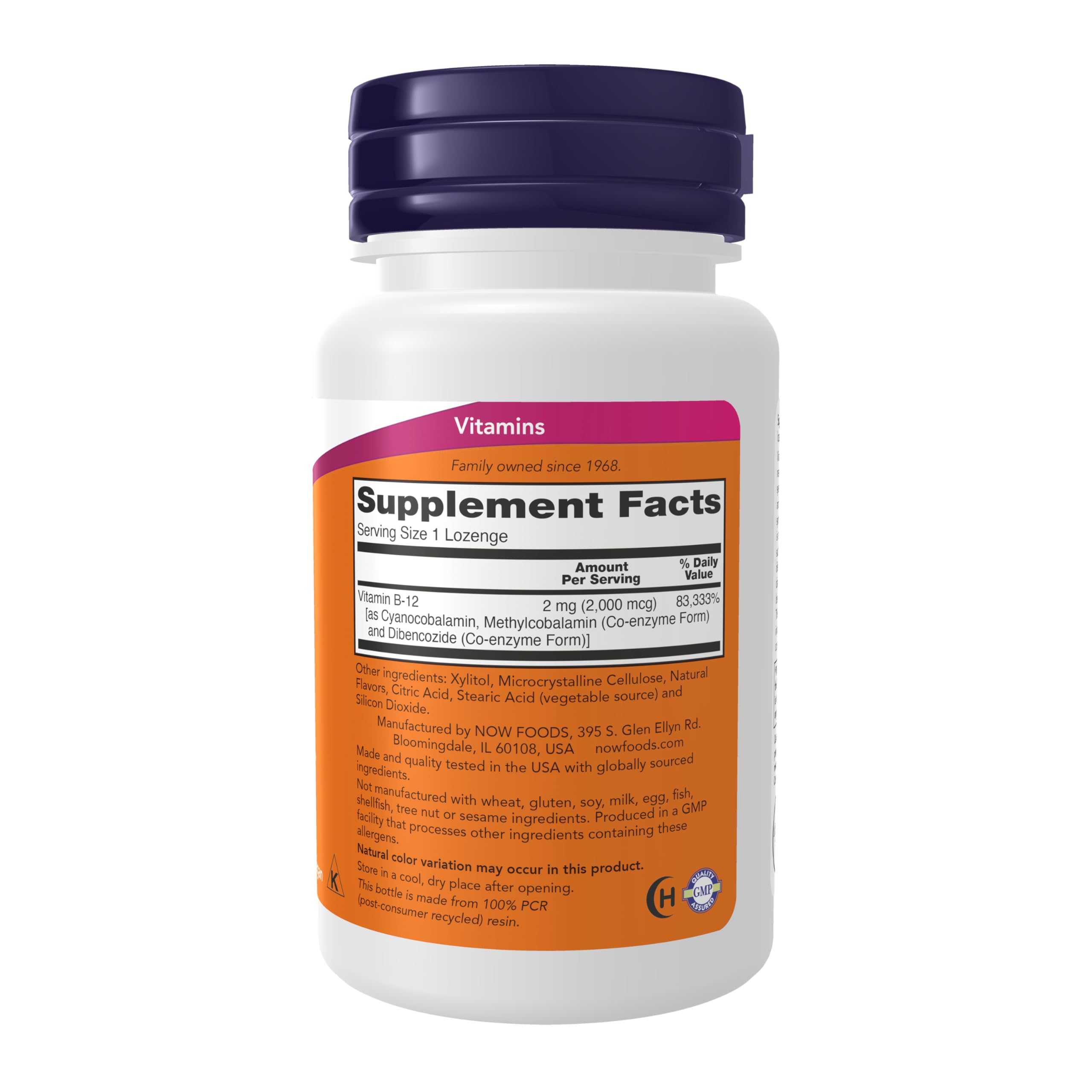 NOW Foods B-12 pastilles, etiquette d'emballage lisible pour référence rapide.