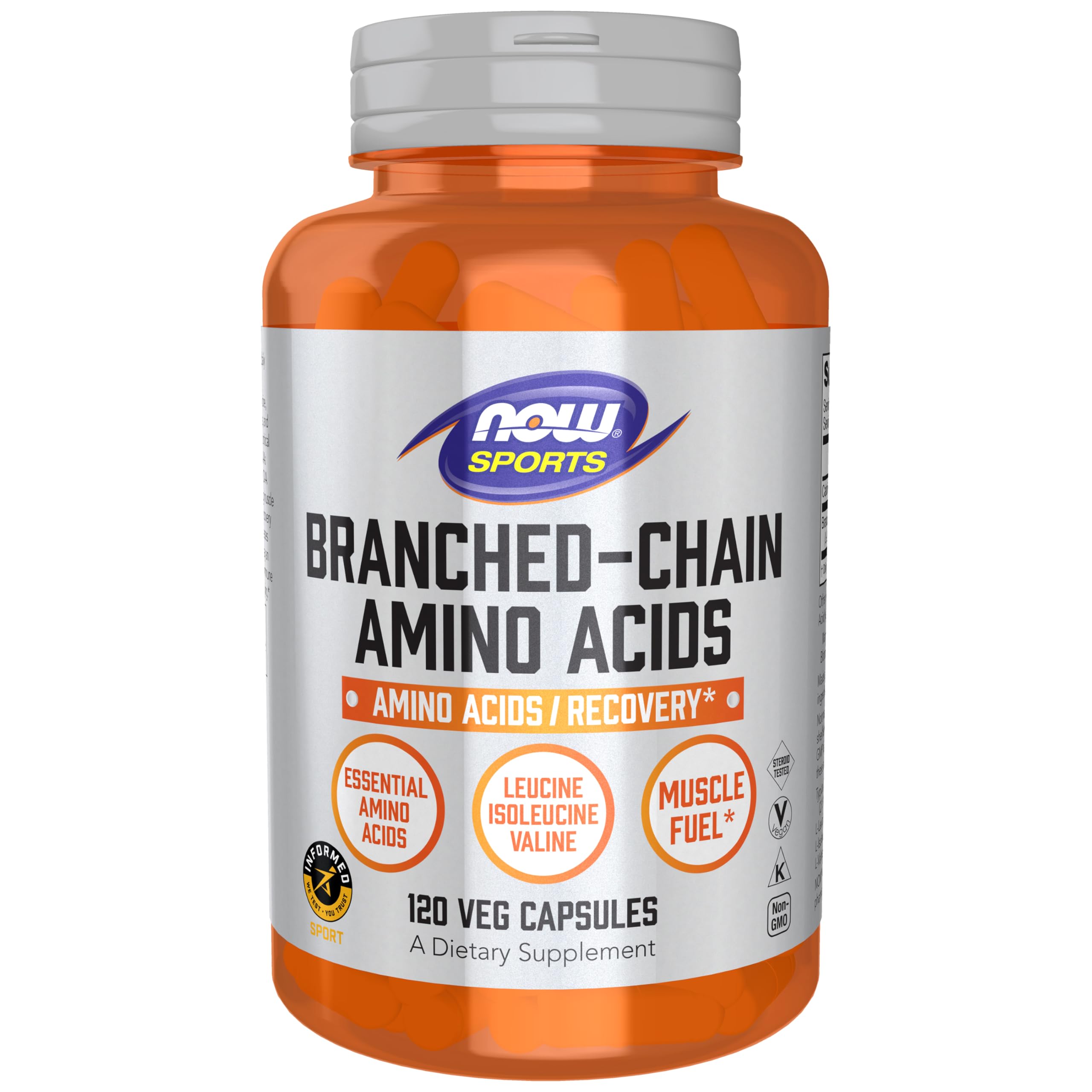 NOW Foods BCAA gélules végétales dans une bouteille, soutien potentiel à la récupération.