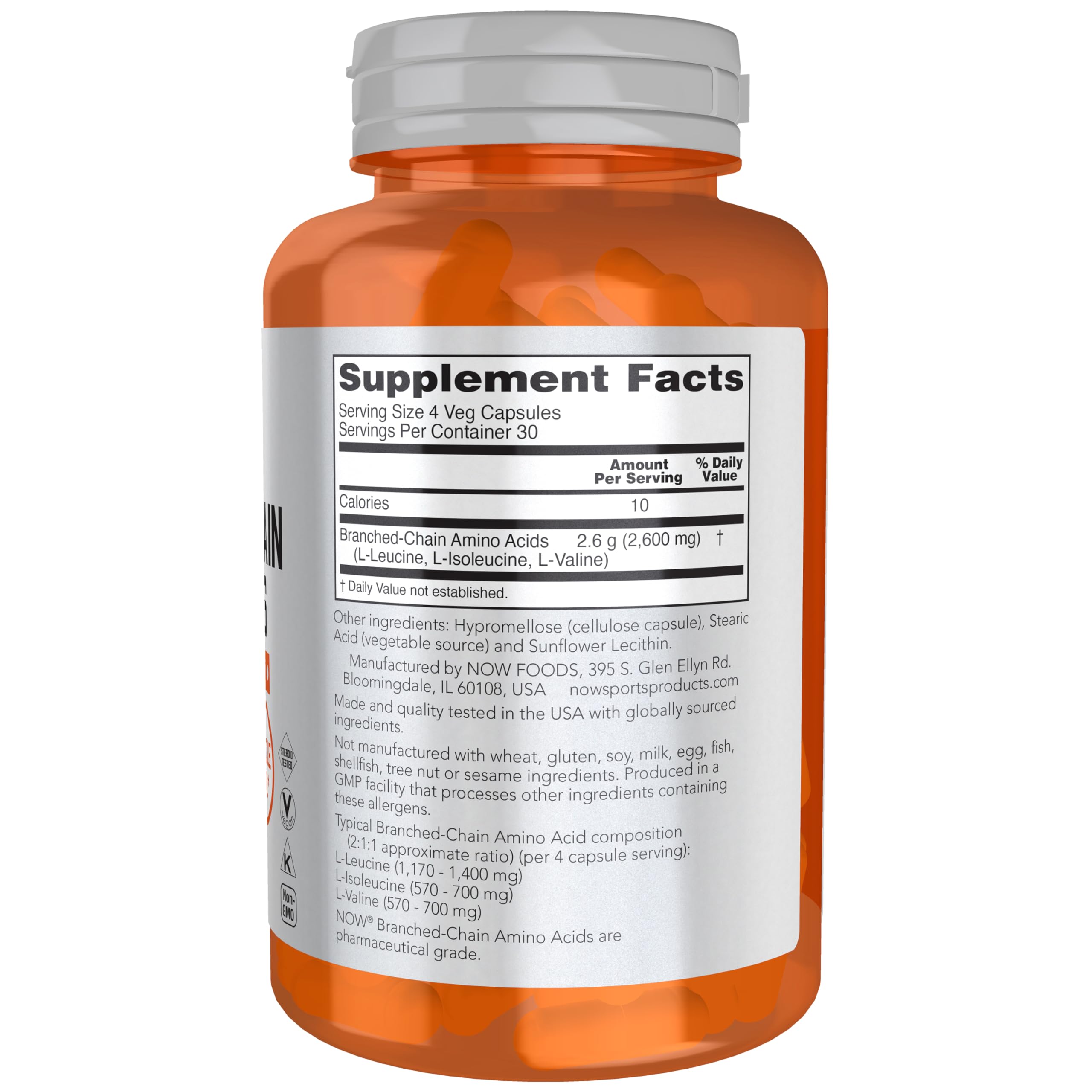 NOW Foods BCAA gélules végétales en gros plan, soutien récupération après l'entraînement.