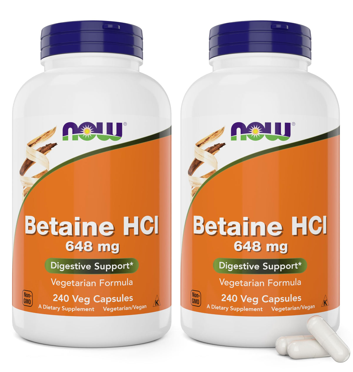 NOW Foods Betaine HCl 648 mg – bouteille et capsules soutenant la digestion des protéines.