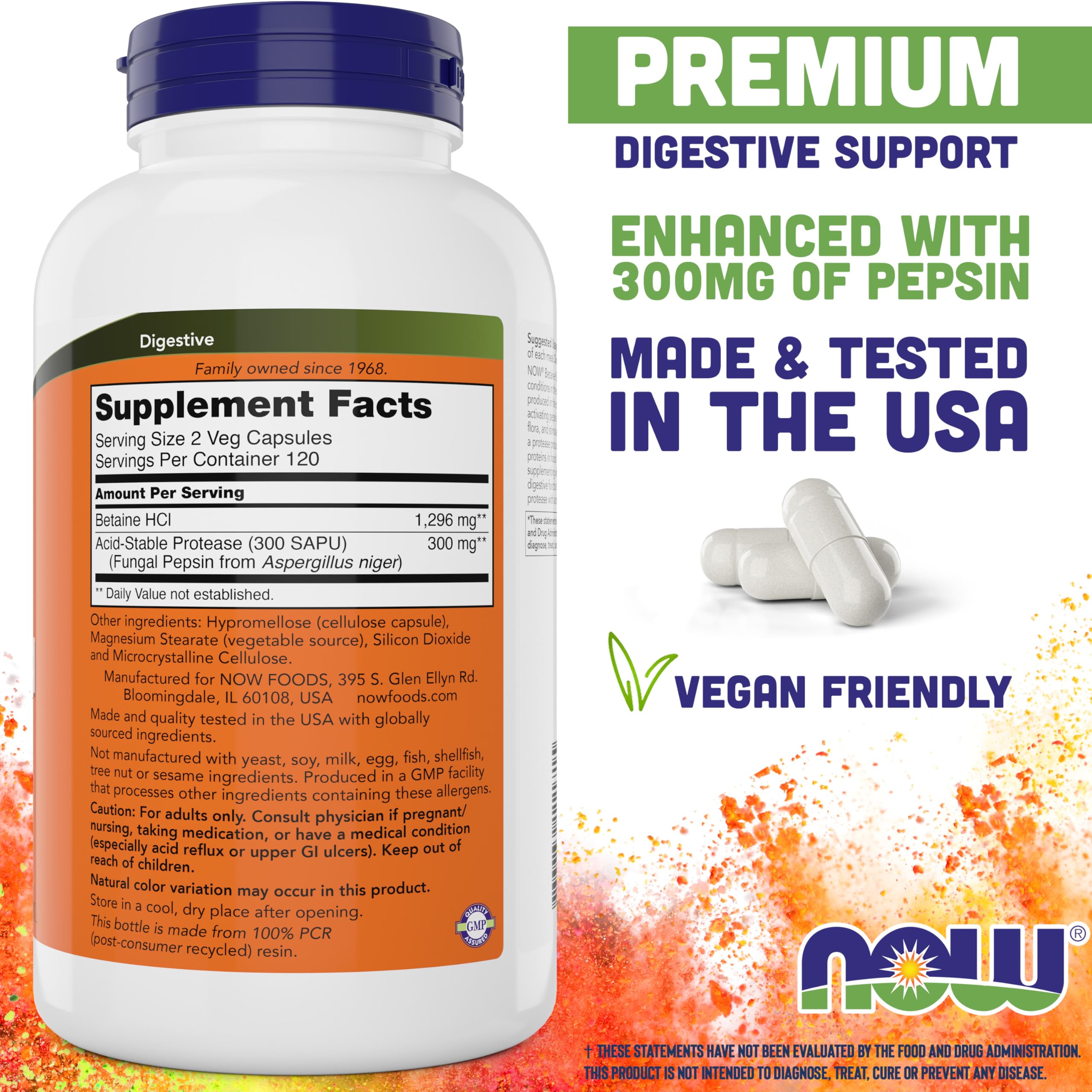 Capsules NOW Foods Betaine HCl 648 mg – faciles à avaler pour la digestion.