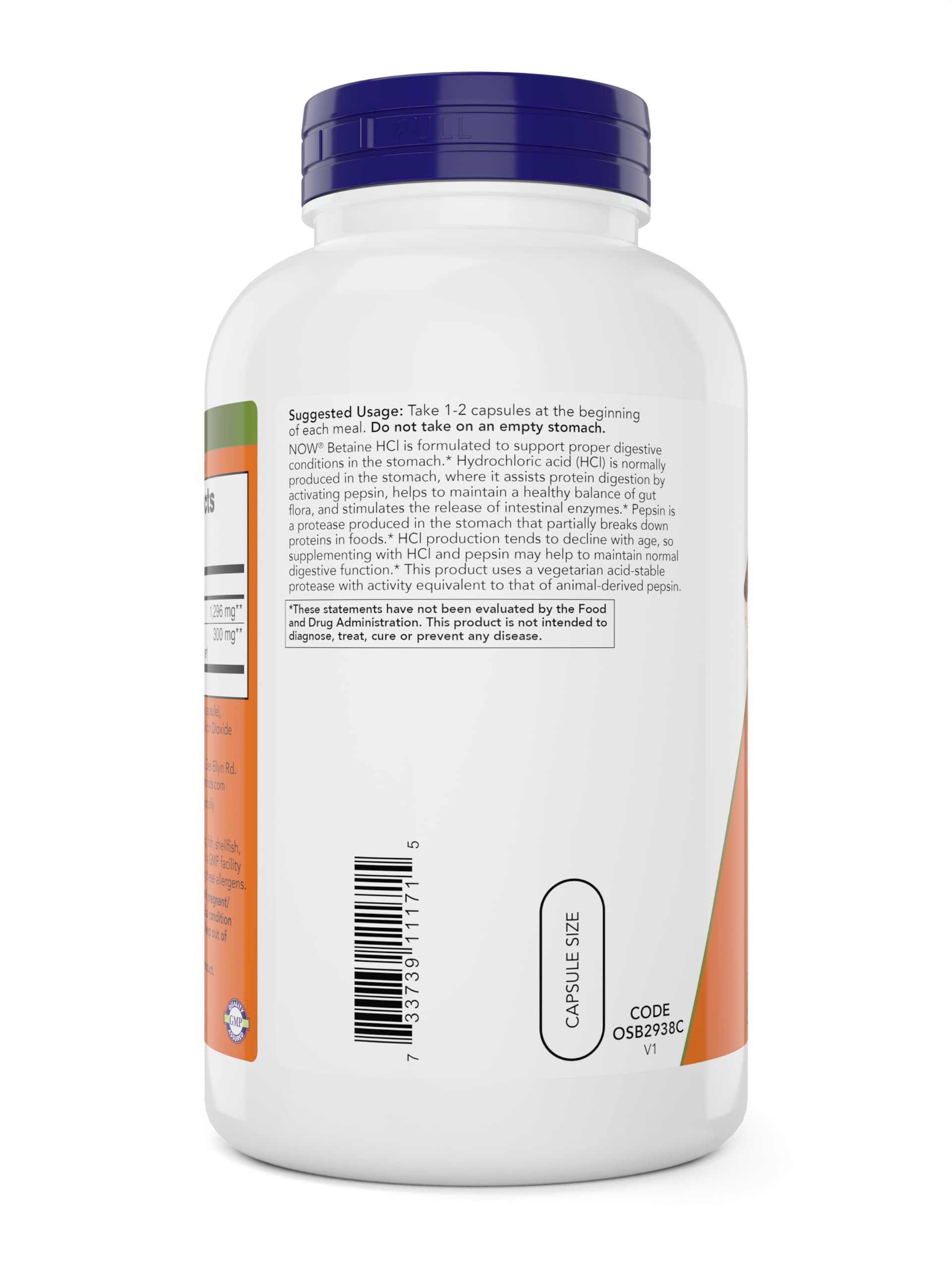 Étiquette NOW Foods Betaine HCl 648 mg – informations claires et mode d'emploi.