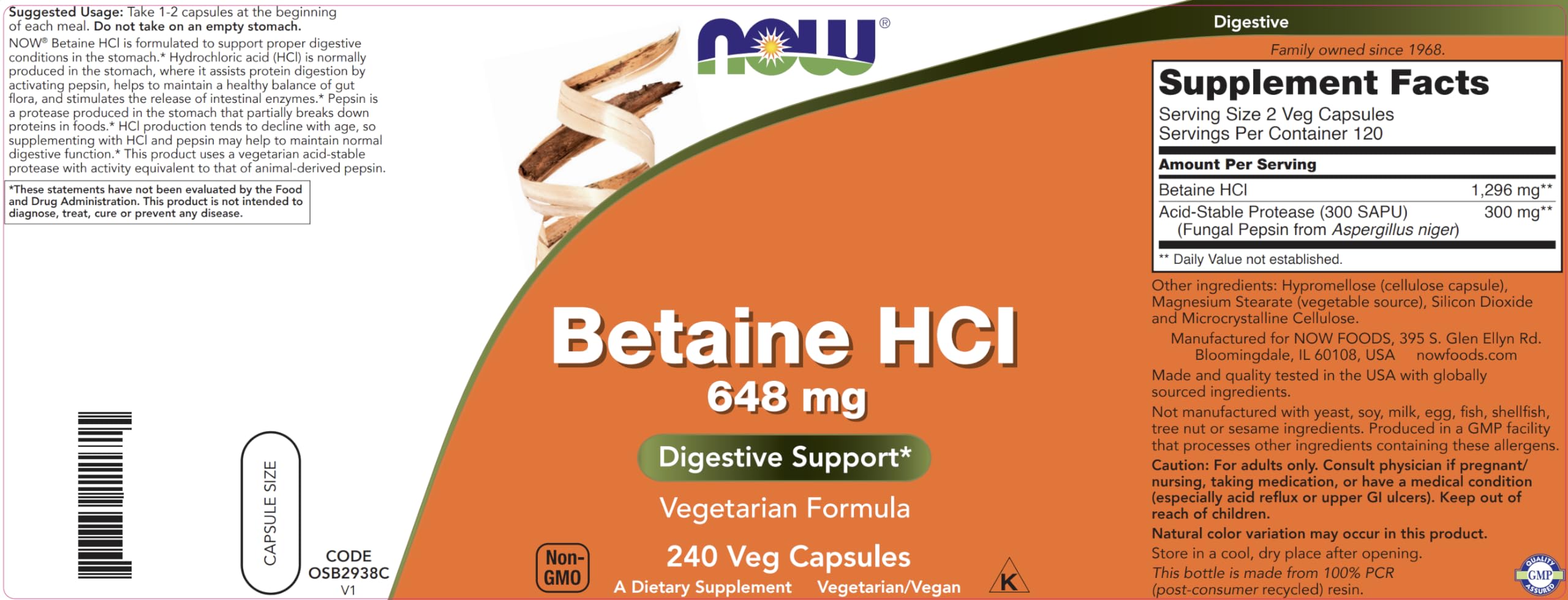 Emballage NOW Foods Betaine HCl 648 mg pack 2 – solution pratique et économique.