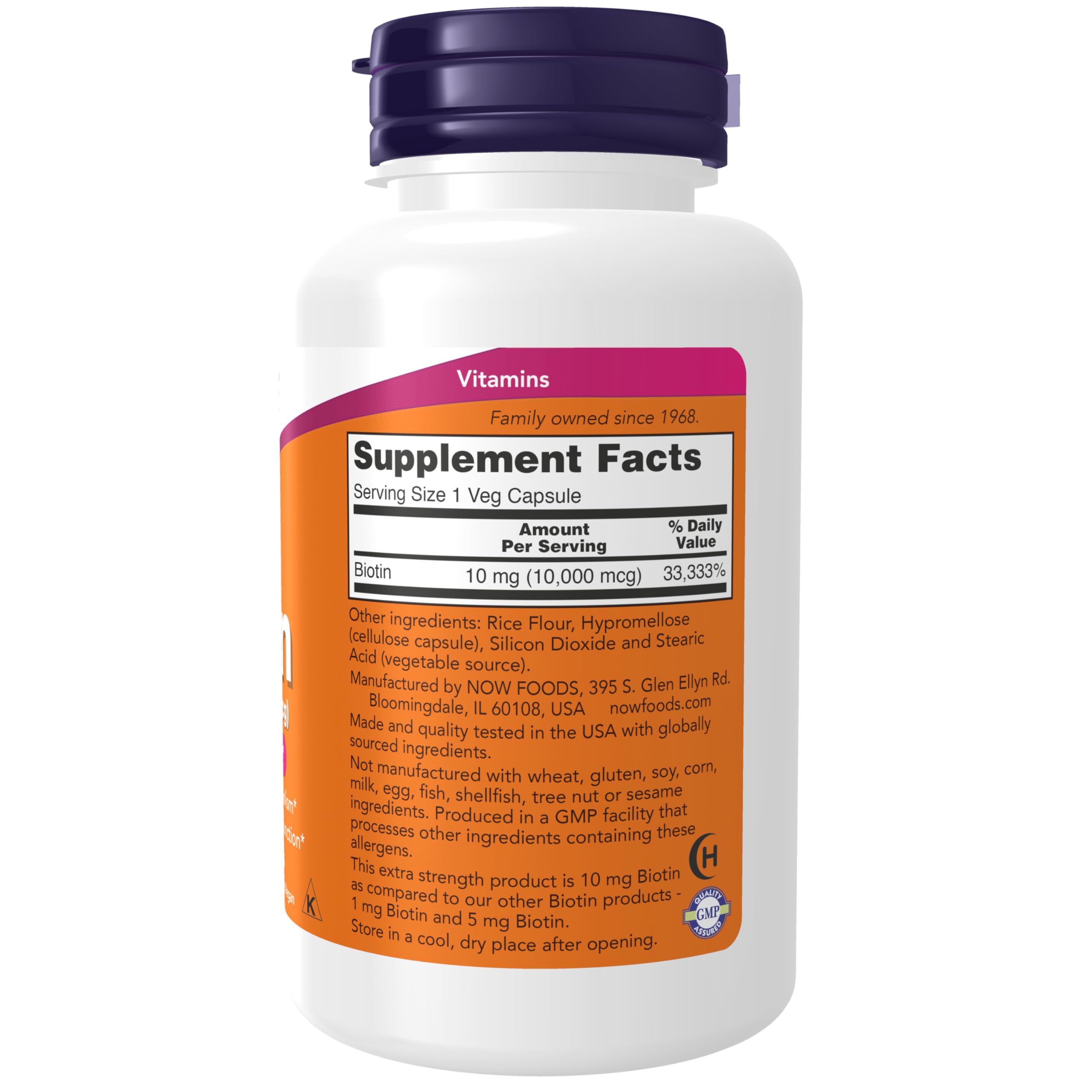 NOW Foods Biotine 10 mg, bouteille de 120 gélules véganes pour usage quotidien.