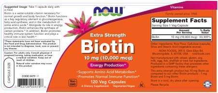 NOW Foods Biotin 10 mg, capsules: utilisation quotidienne pour cheveux et ongles.