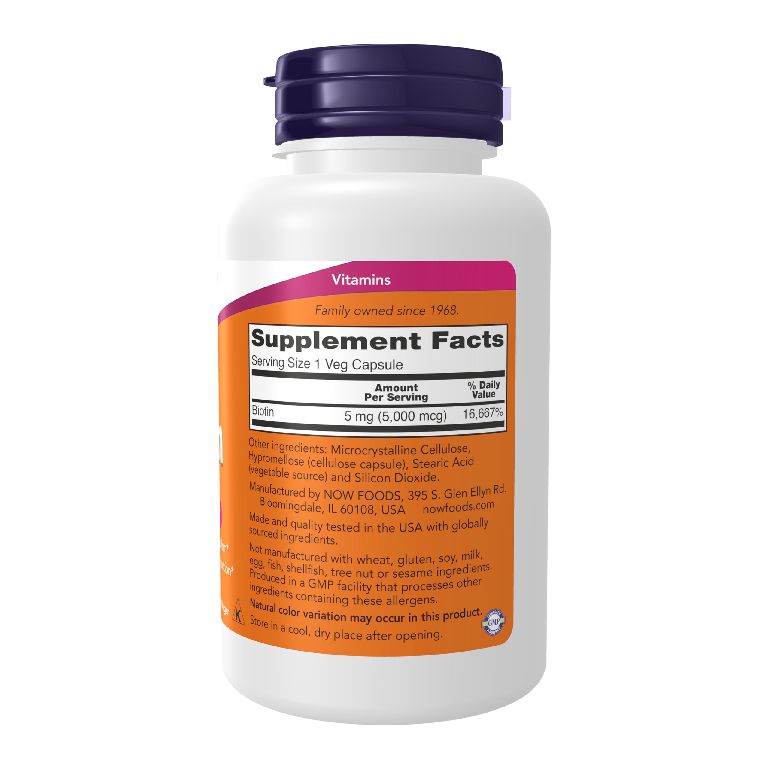 NOW Foods Biotine – étiquette et boîte, soutient potentiellement l'immunité et la peau
