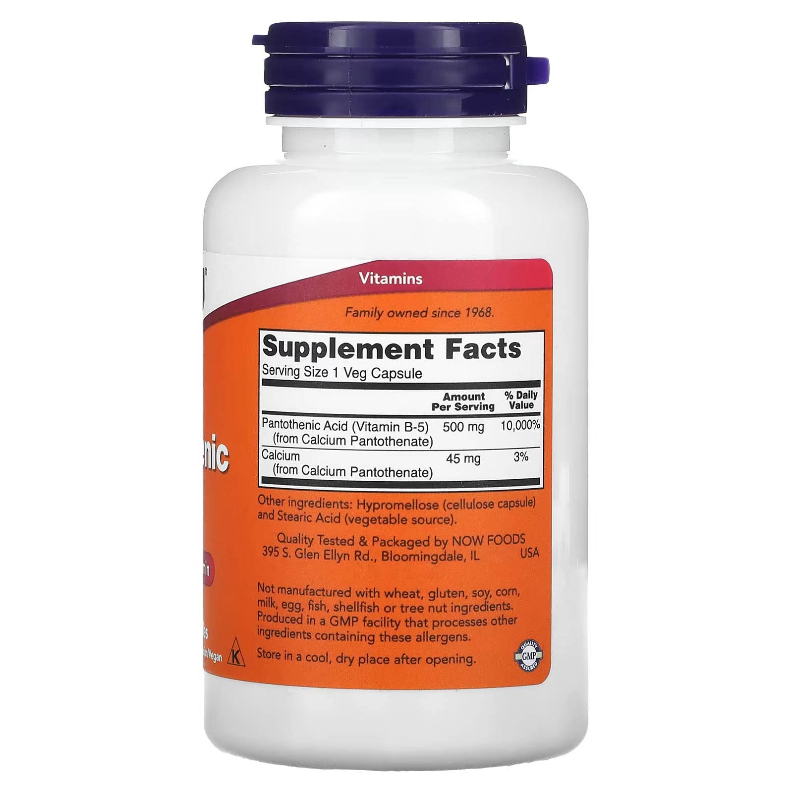 NOW Foods acide pantothénique 500 mg, bouteille en gros plan, soutien énergétique potentiel
