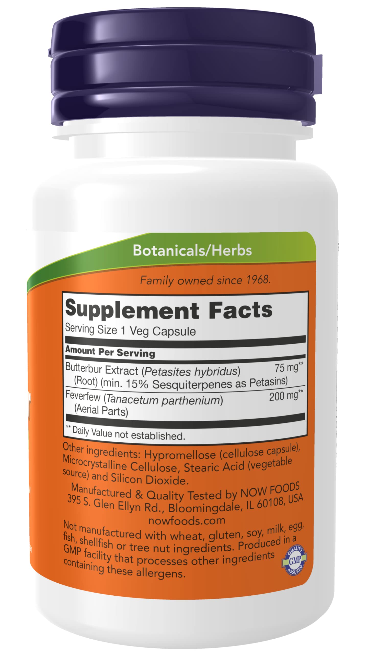 NOW Foods Butterbur, capsules végétales en gros plan, soutien potentiel à la circulation cérébrale.