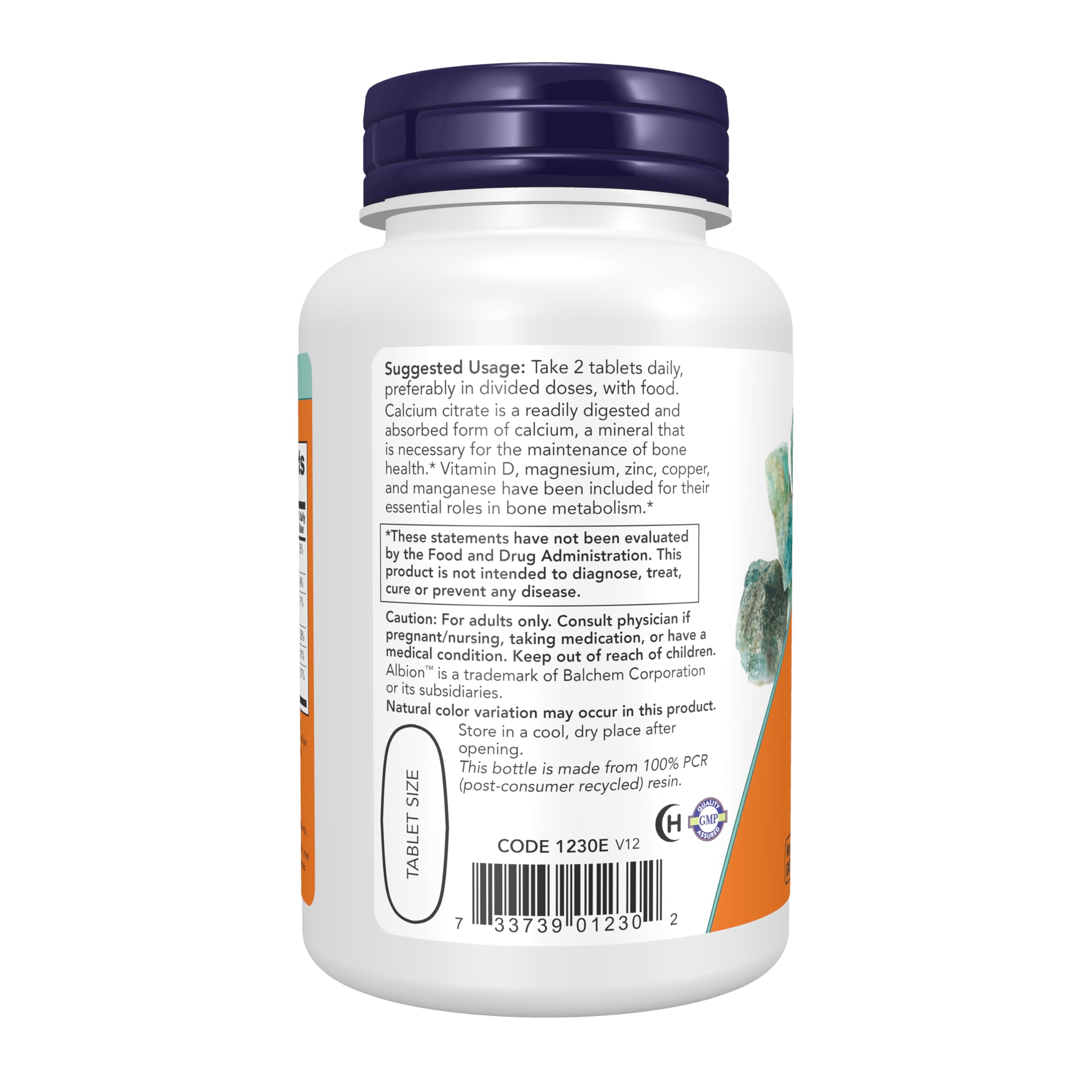 Now Foods Calcium Citrate flacon-bouteille, emballage clair, facile à emporter et consommer.