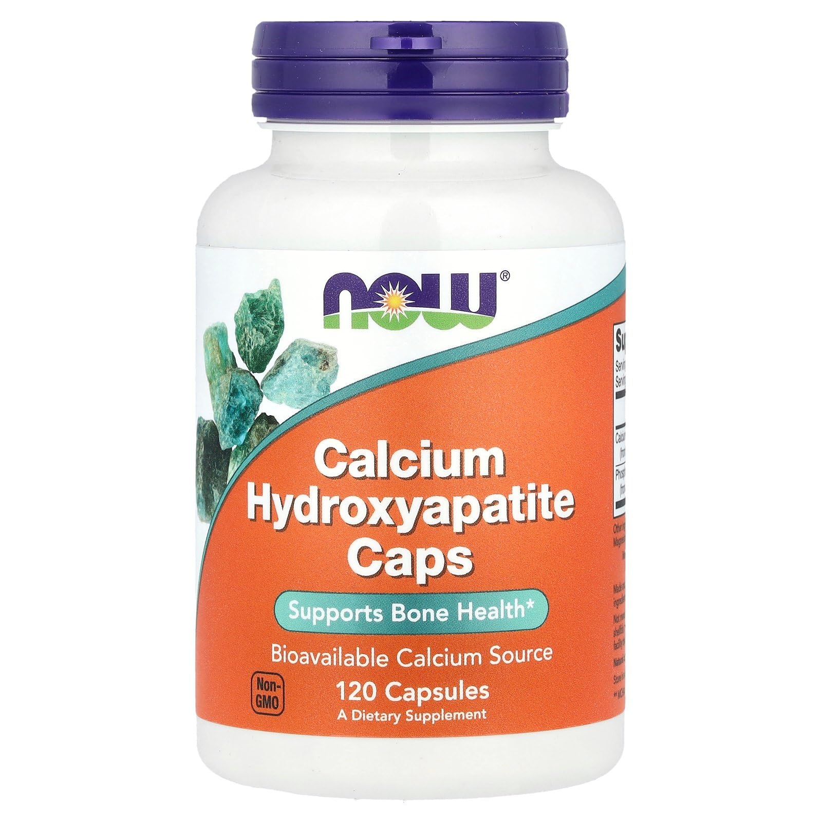 NOW Foods Calcium Hydroxyapatite capsules, boîte 120, source calcique naturelle et collagène.