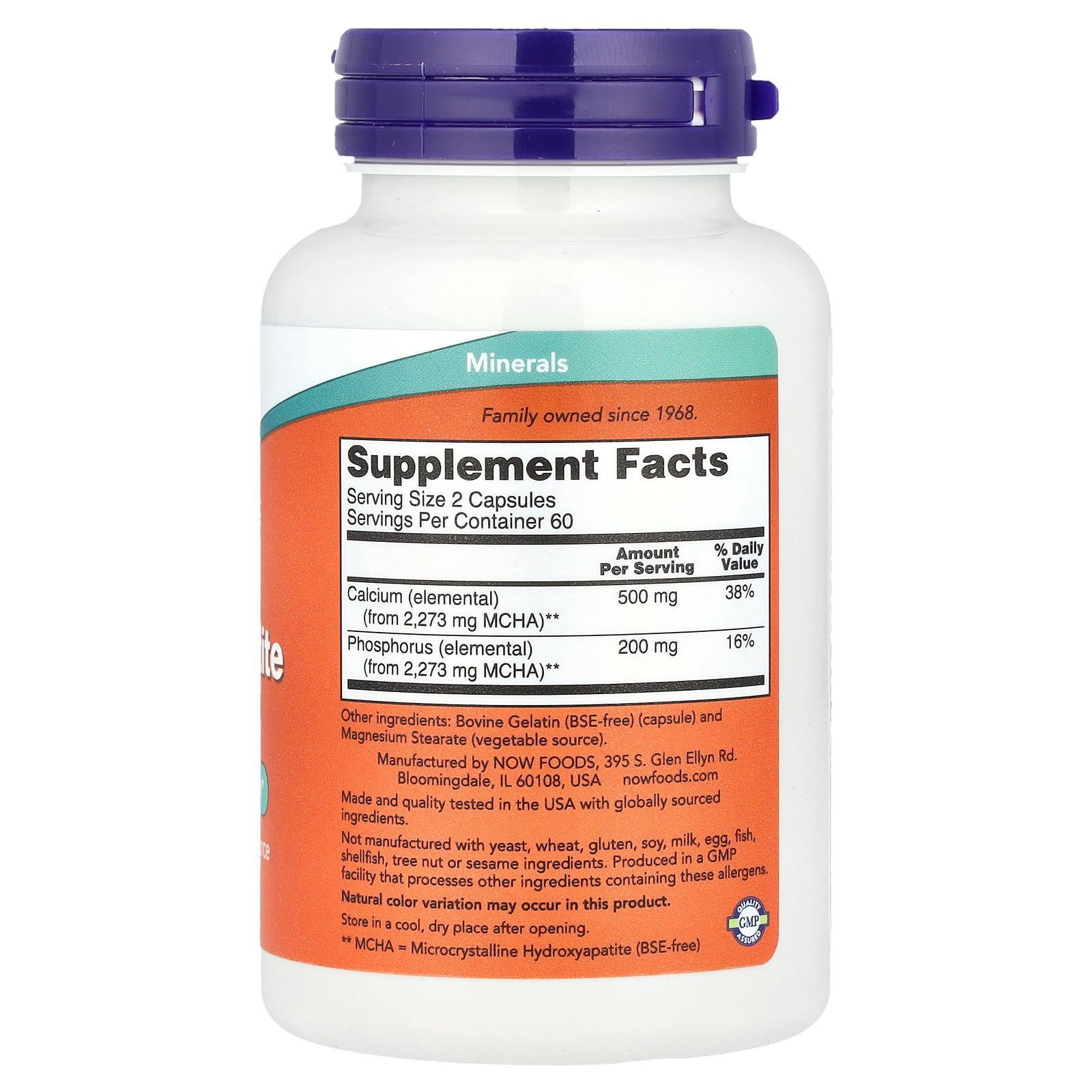 NOW Foods Calcium Hydroxyapatite capsules visibles, facilité d’utilisation et emballage pratique pour le soutien osseux.
