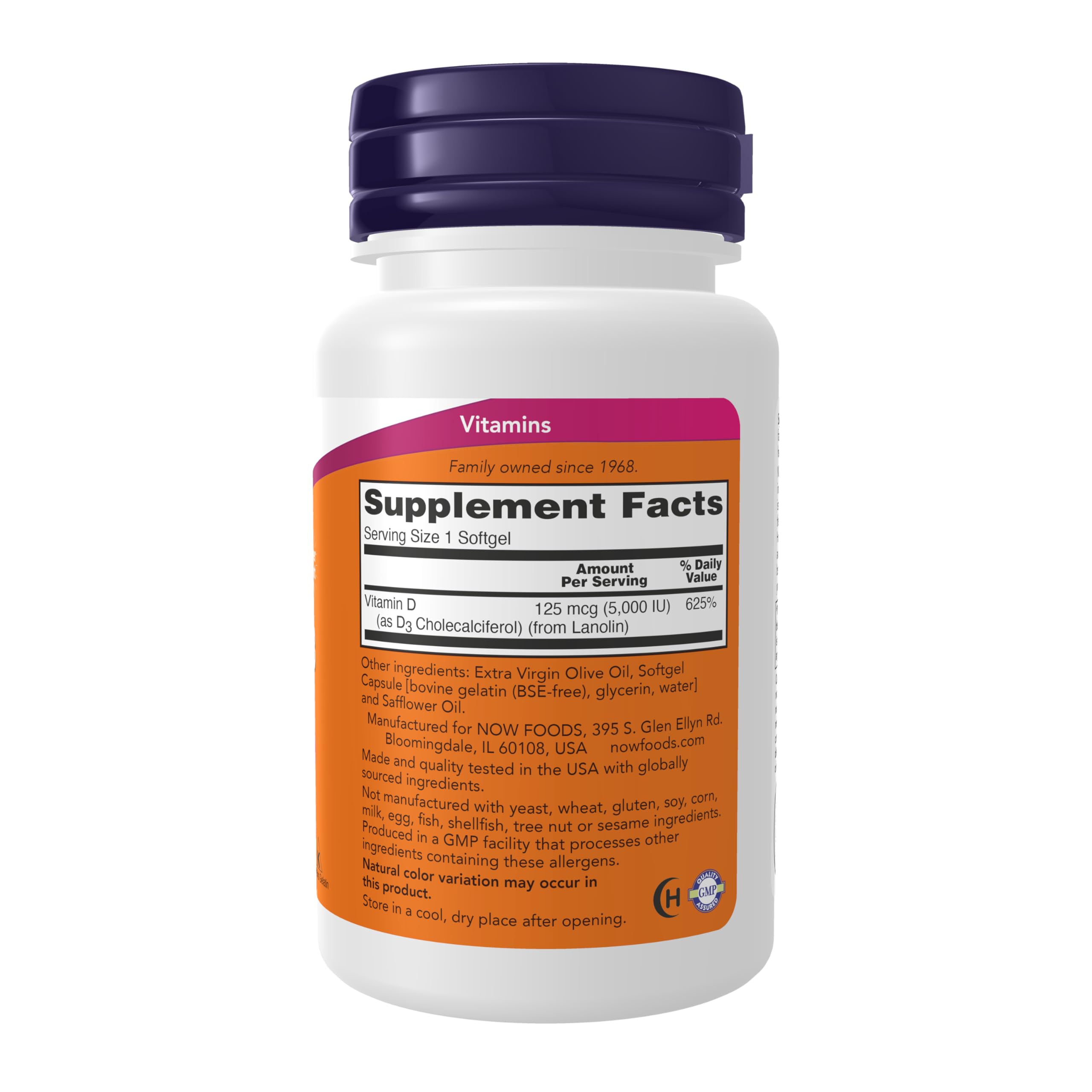 NOW Foods Vitamine D3 5000 UI, gros plan, capsules softgel faciles à avaler.