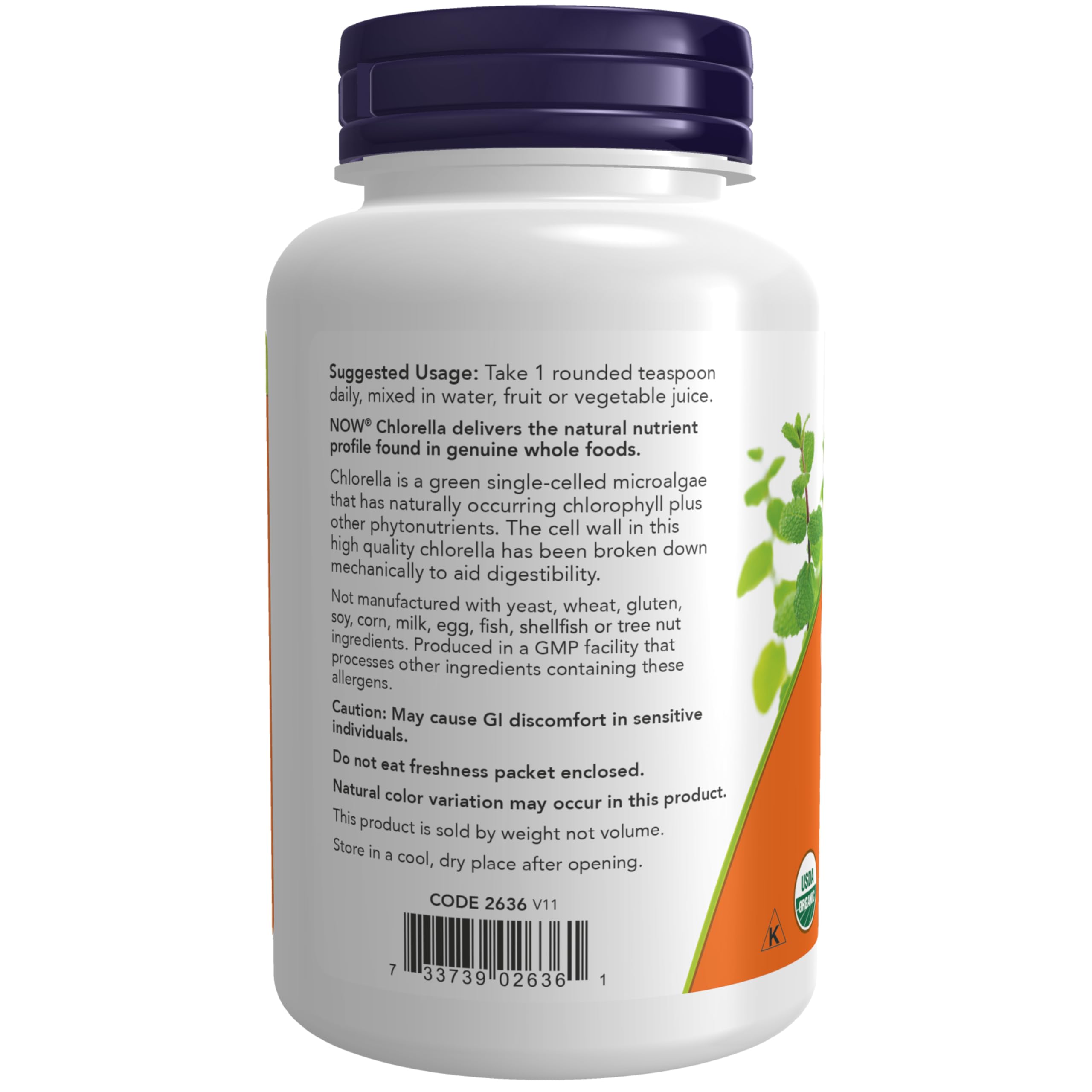 NOW Foods Chlorella en poudre couleur verte, source naturelle de chlorophylle.