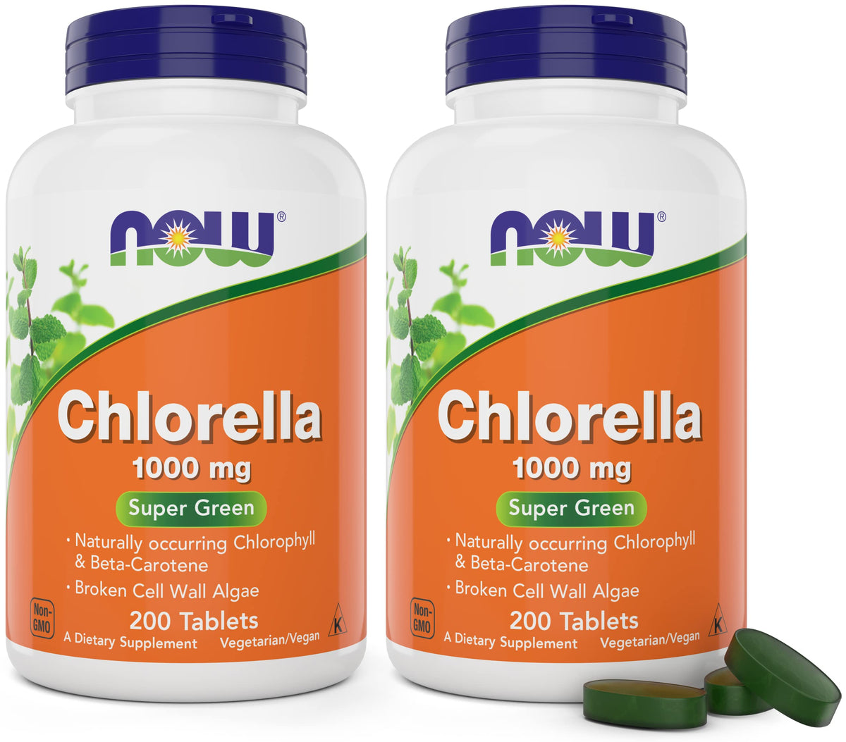 NOW Foods Chlorella 1000 mg, bouteille de 200 comprimés, pratique et prête à l'emploi.