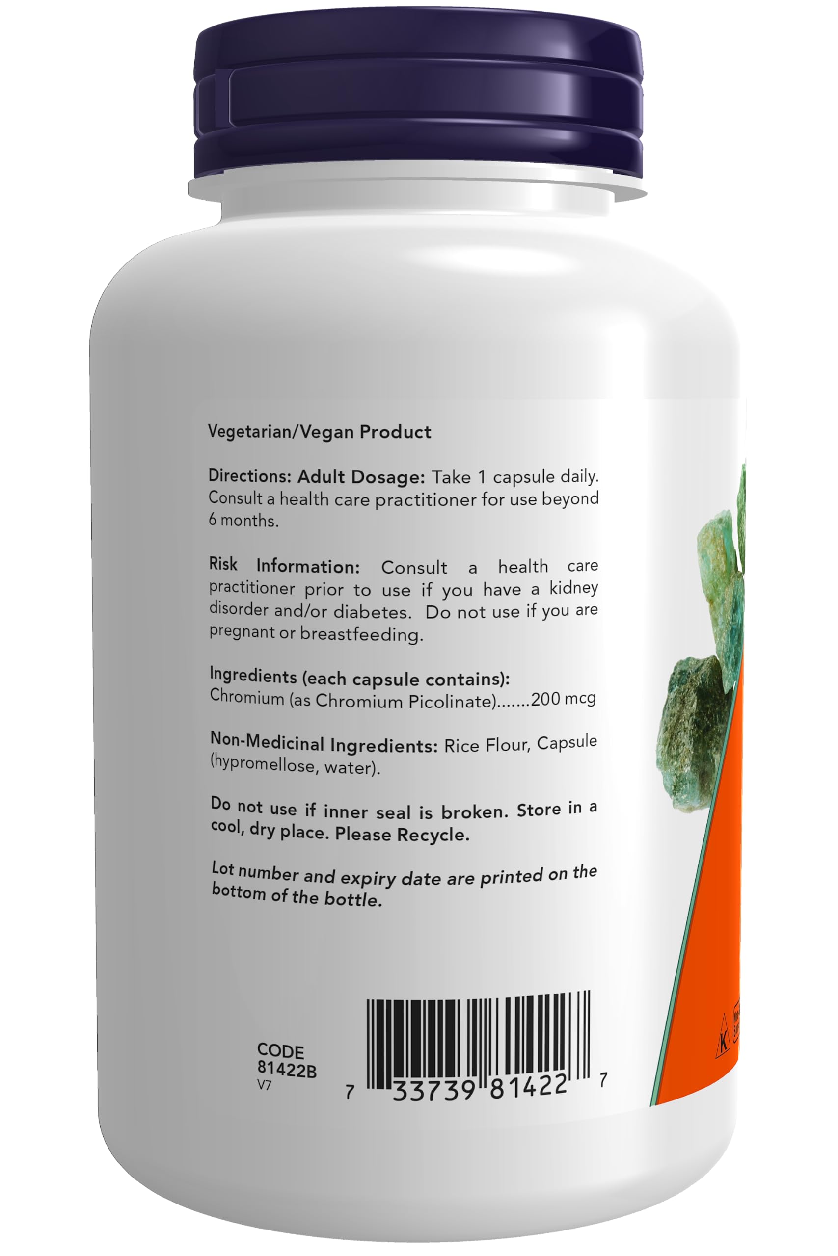NOW Foods Chromium Picolinate – étiquette indiquant sans gluten et sans lactose.