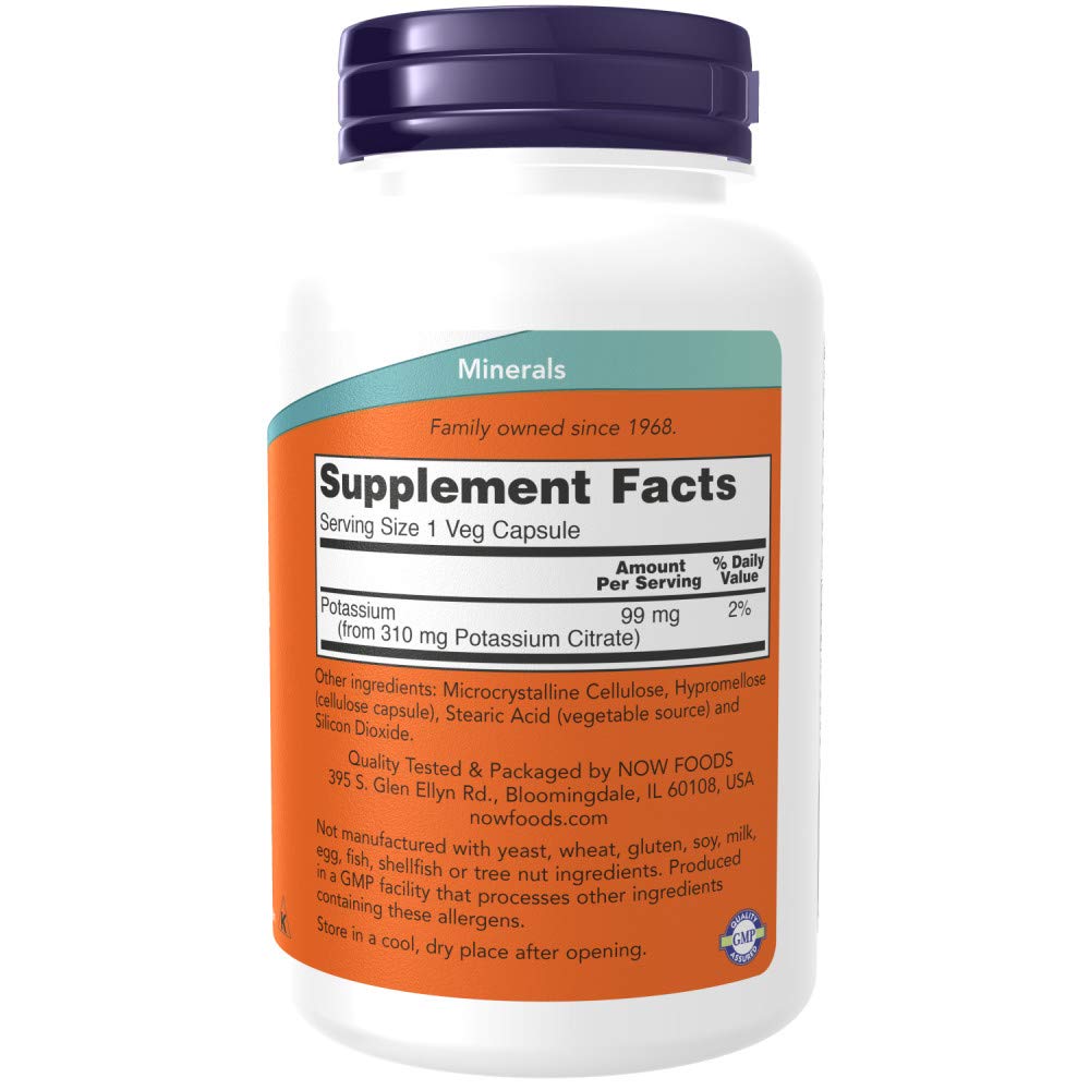 NOW Foods Citrate de Potassium 99 mg – gélules en gros plan, forme biodisponible.