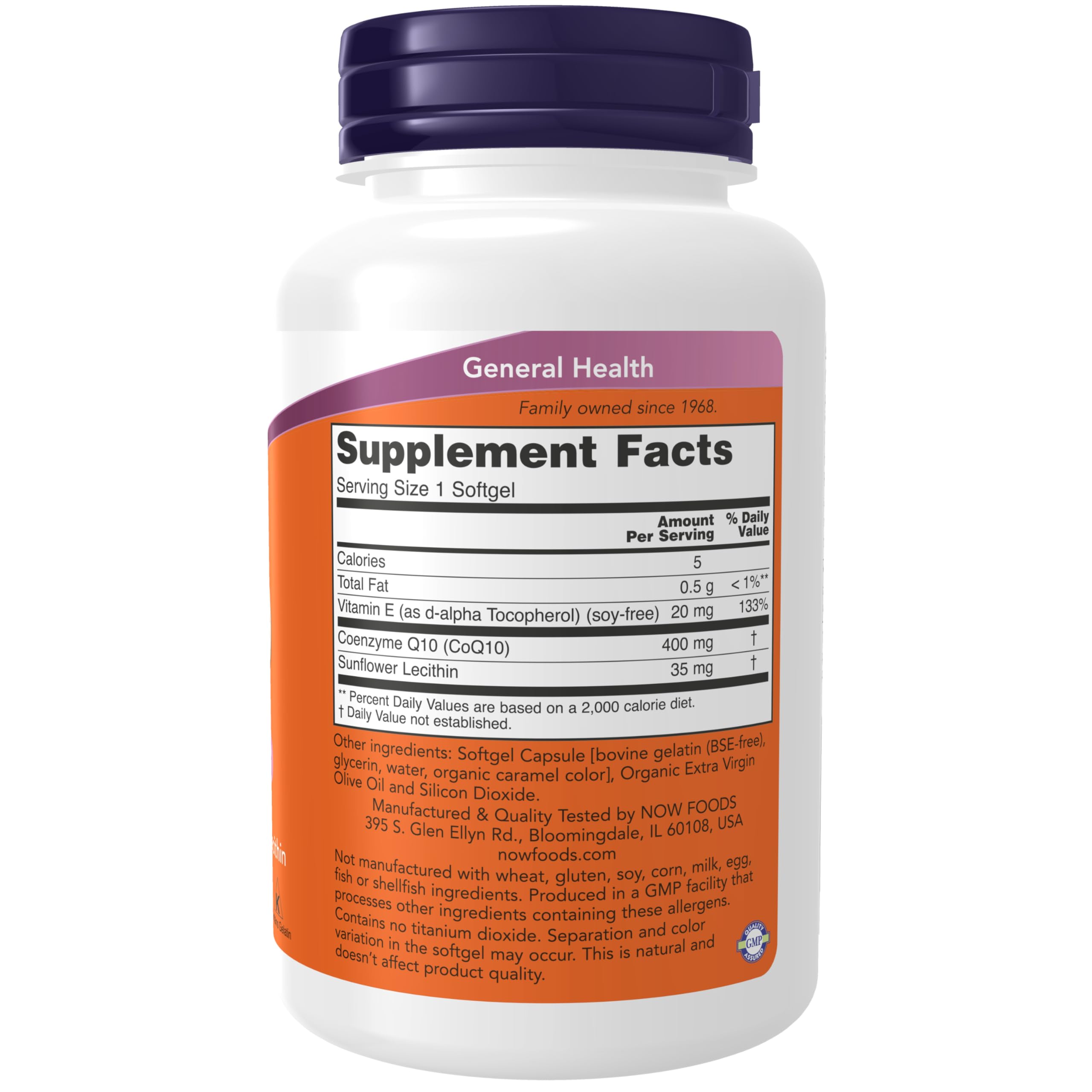 NOW Foods CoQ10: étiquette et flacon, formule all-trans par fermentation.