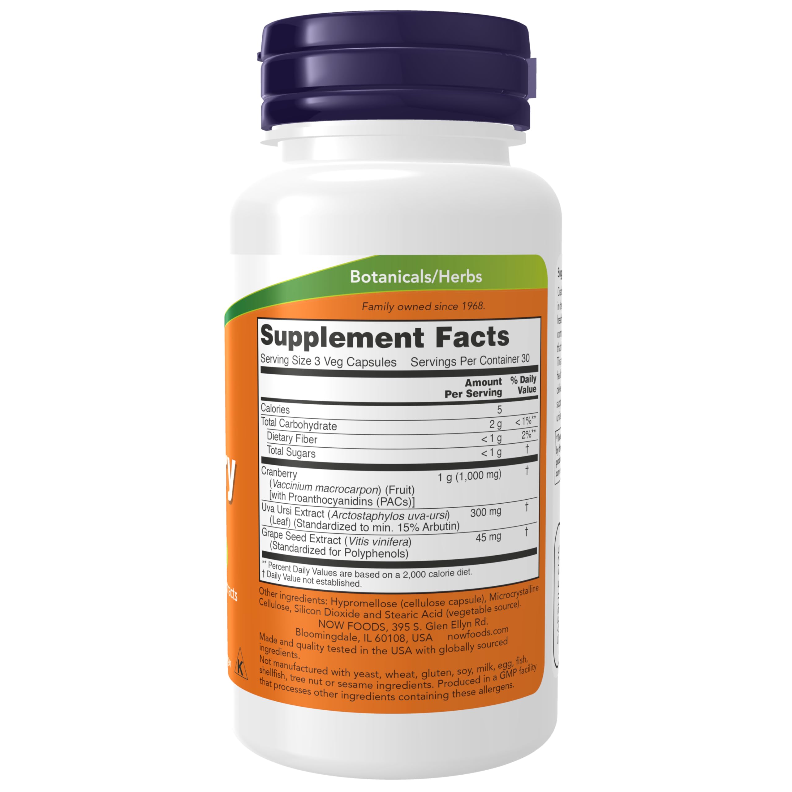 NOW Foods canneberge PACs, étiquette lisible indiquant 1000 mg par portion