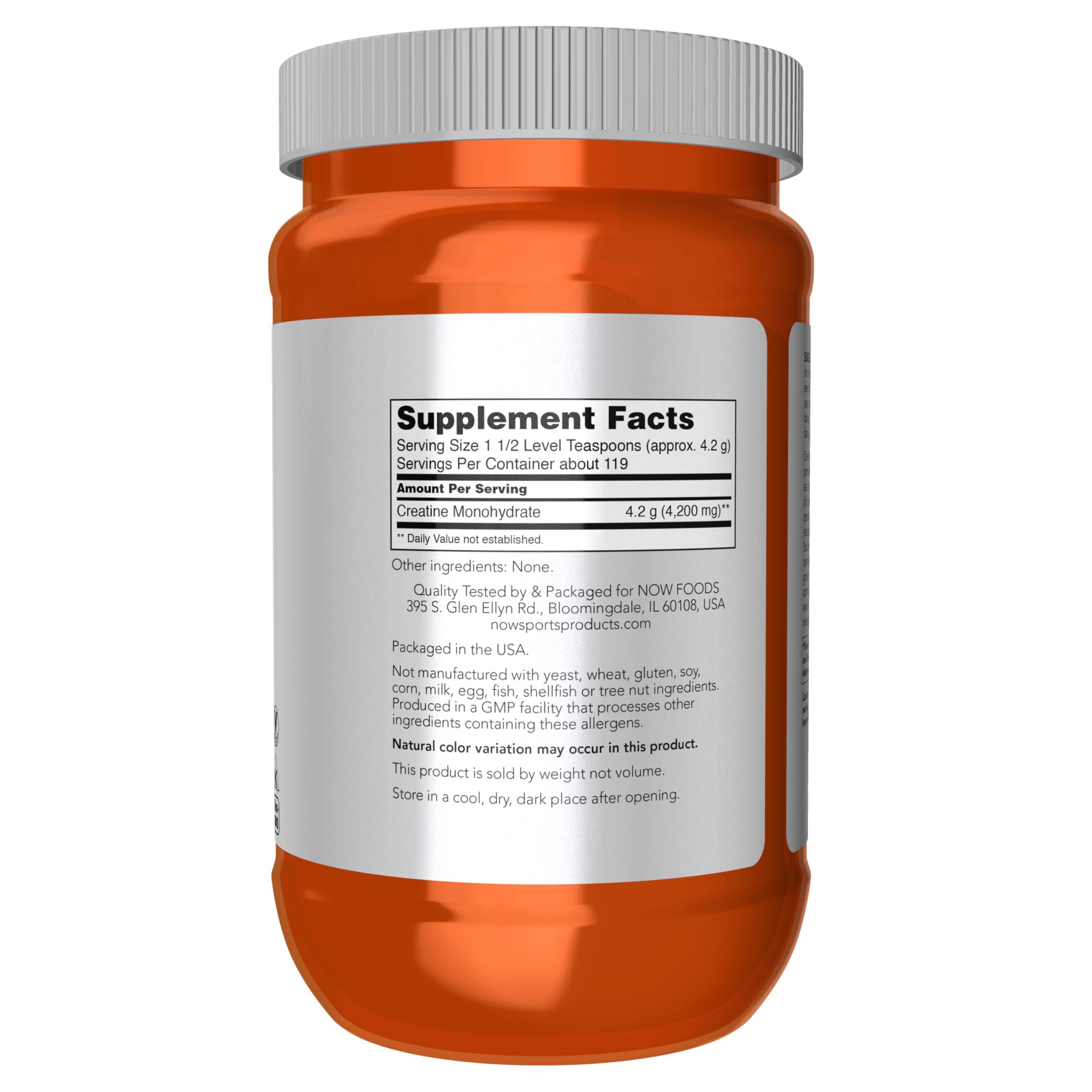 Pelle-dose NOW Foods Créatine micronisée, facilitant la mesure de la dose