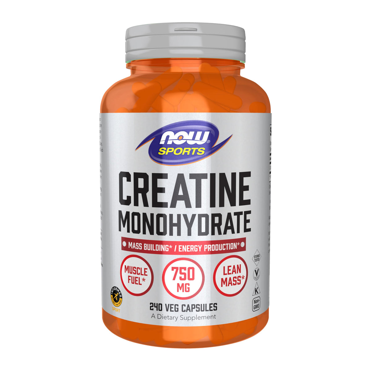 NOW Foods Créatine Monohydrate 750 mg — bouteille-gélules: soutien potentiel pour efforts courts et intenses.