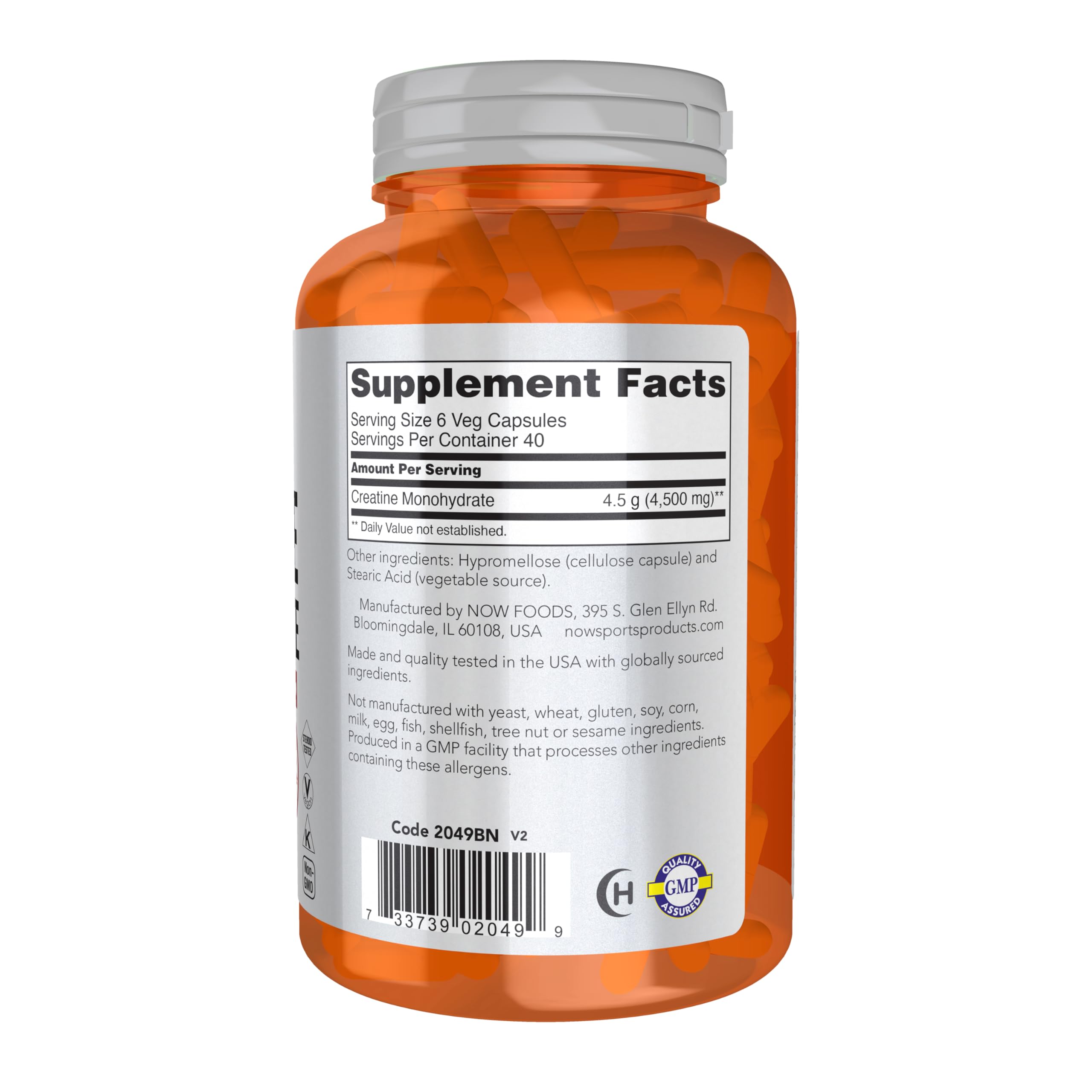 NOW Foods Créatine Monohydrate 750 mg — étiquette claire pour dosage pratique.