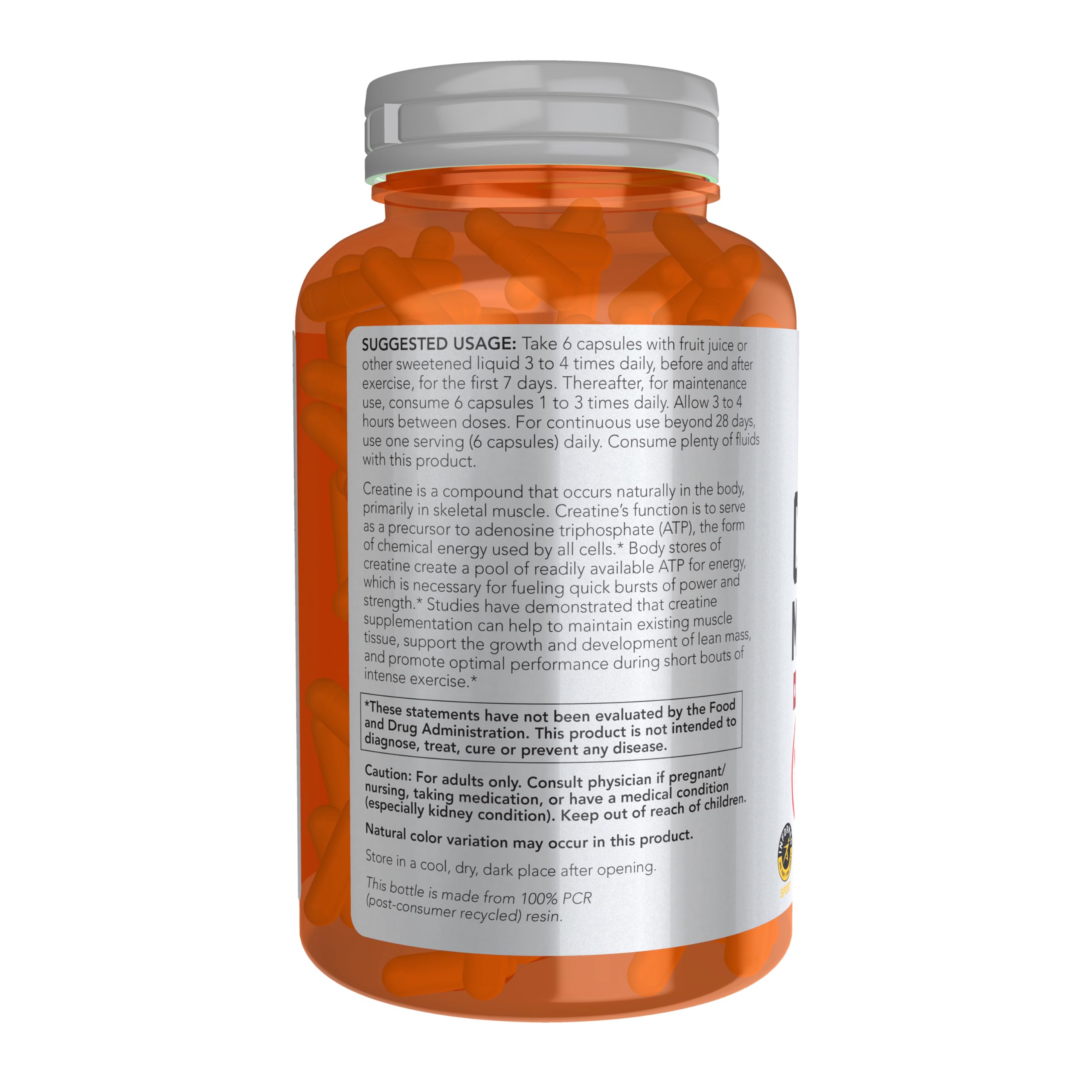 NOW Foods Créatine Monohydrate 750 mg — gros plan des gélules: produit végétal et sans additifs.